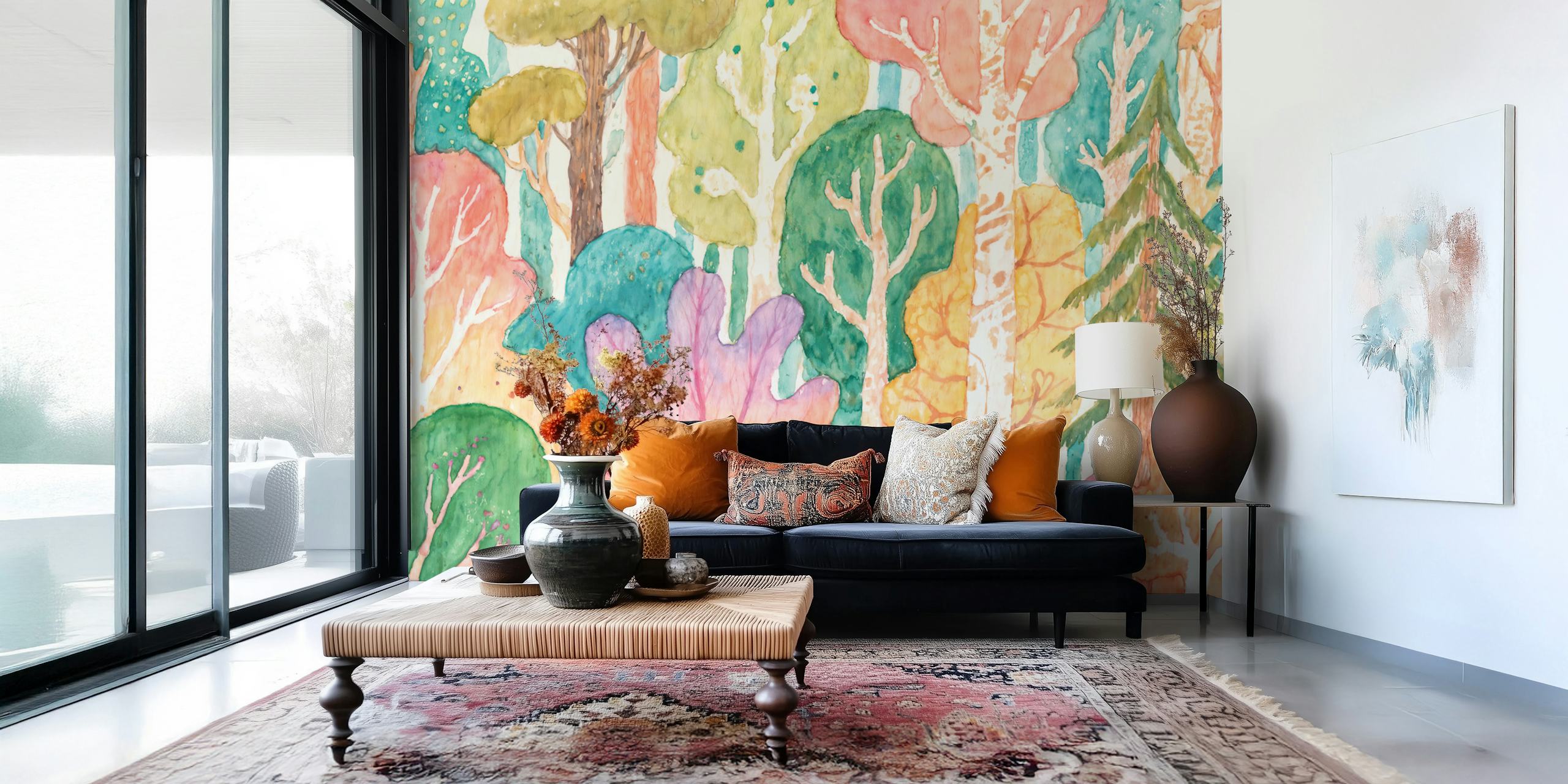 Colorful trees in shades of green, pink, and orange watercolor wallpaper