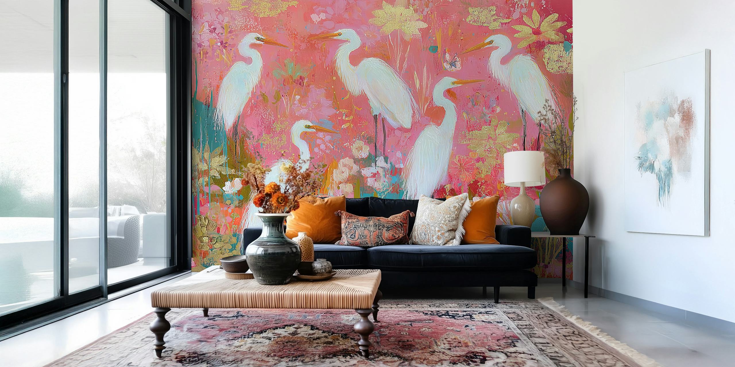 Colorful Heron Bliss wallpaper in a room