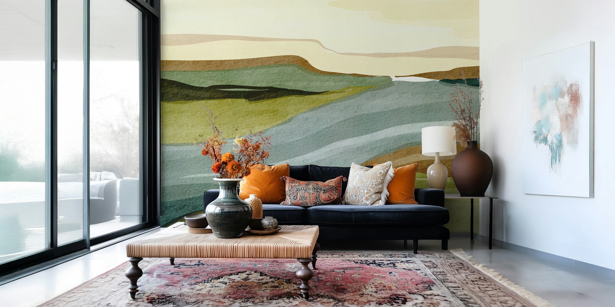 Calm Riverbank Scene wallpaper in a room
