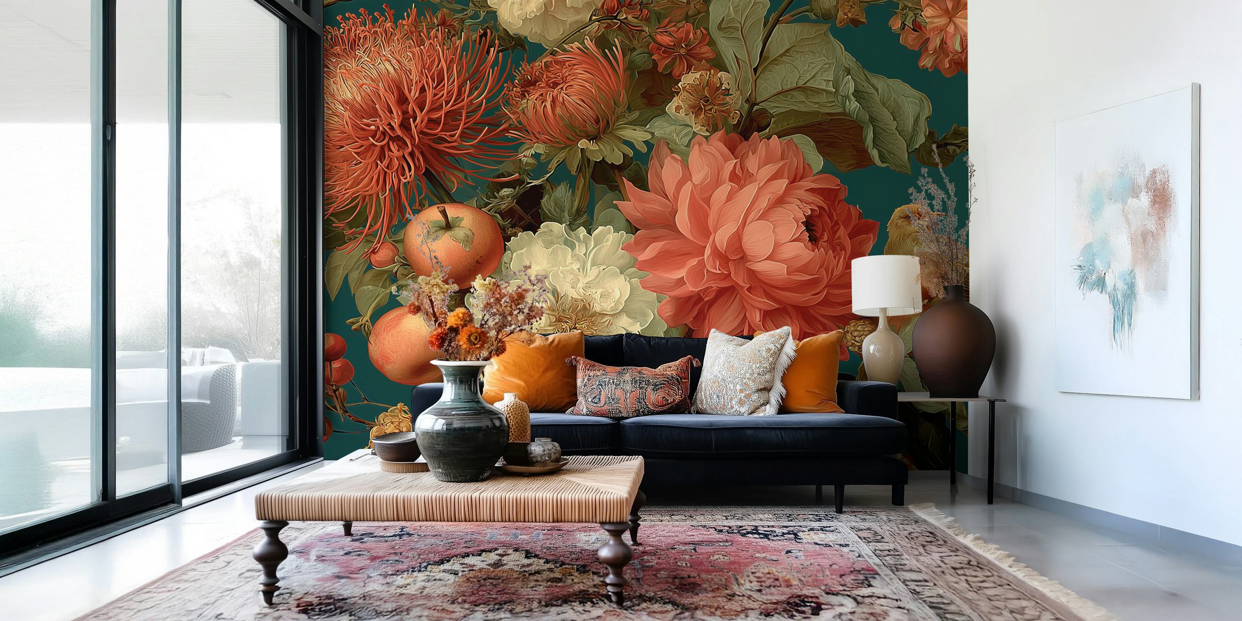 Autumn floral design with vibrant flowers and fruits in earthy colors wallpaper