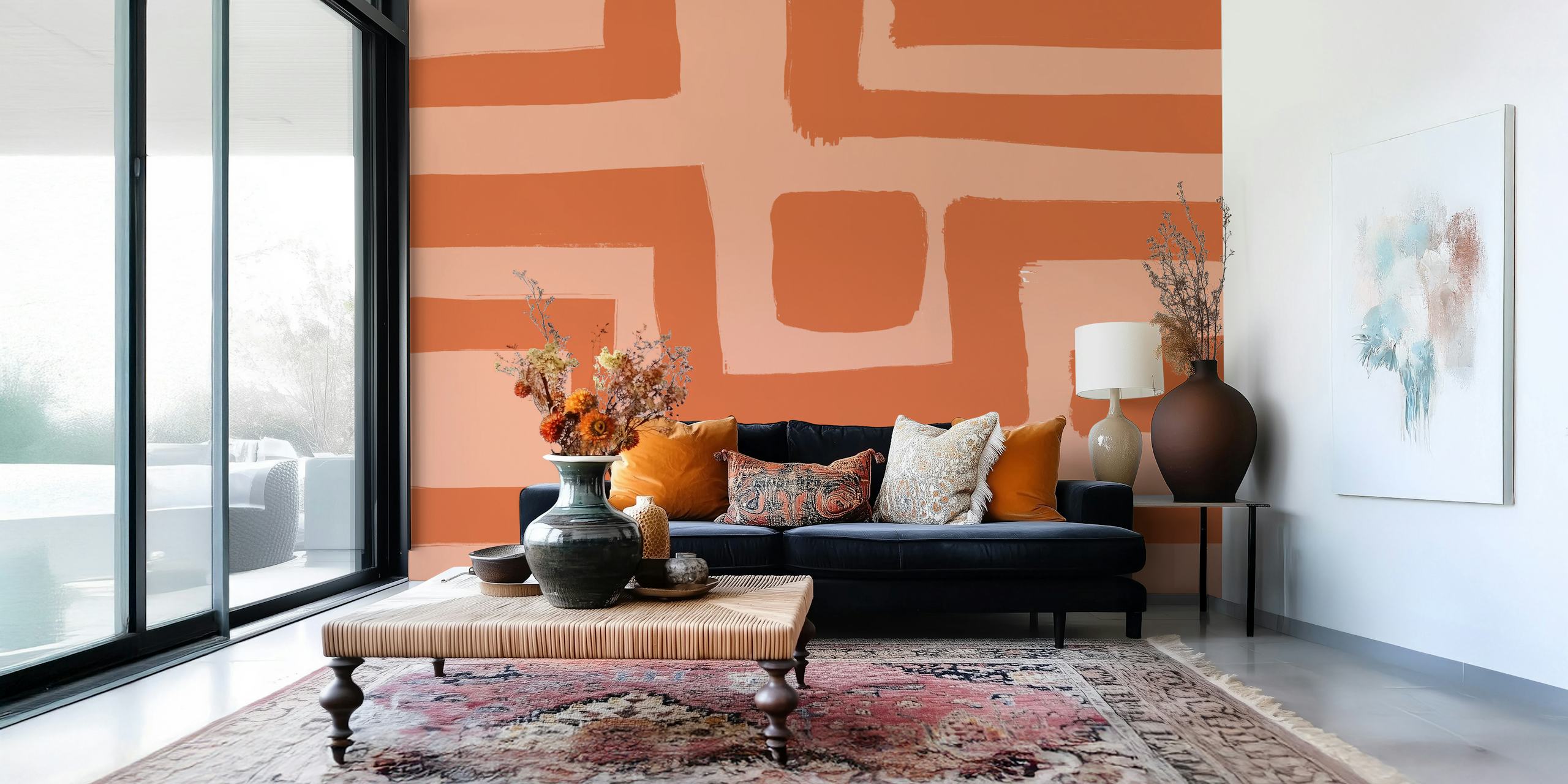 Organic earthy lines wallpaper in a room setting