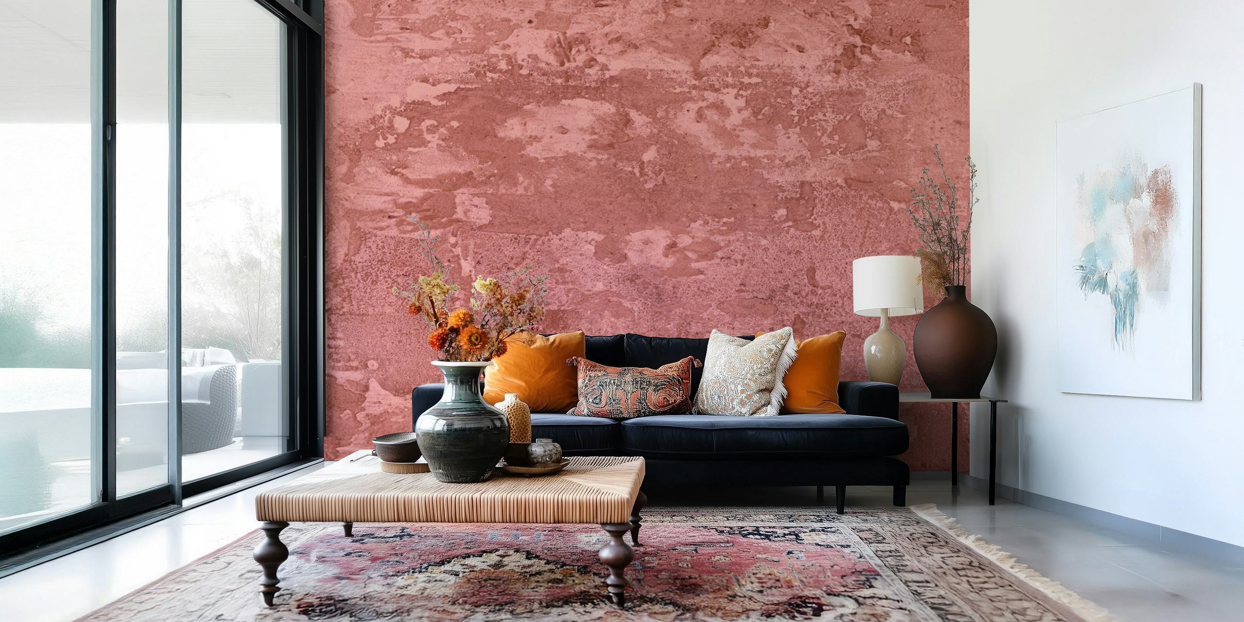 Textured reddish-brown wallpaper featuring vintage earthy tones.