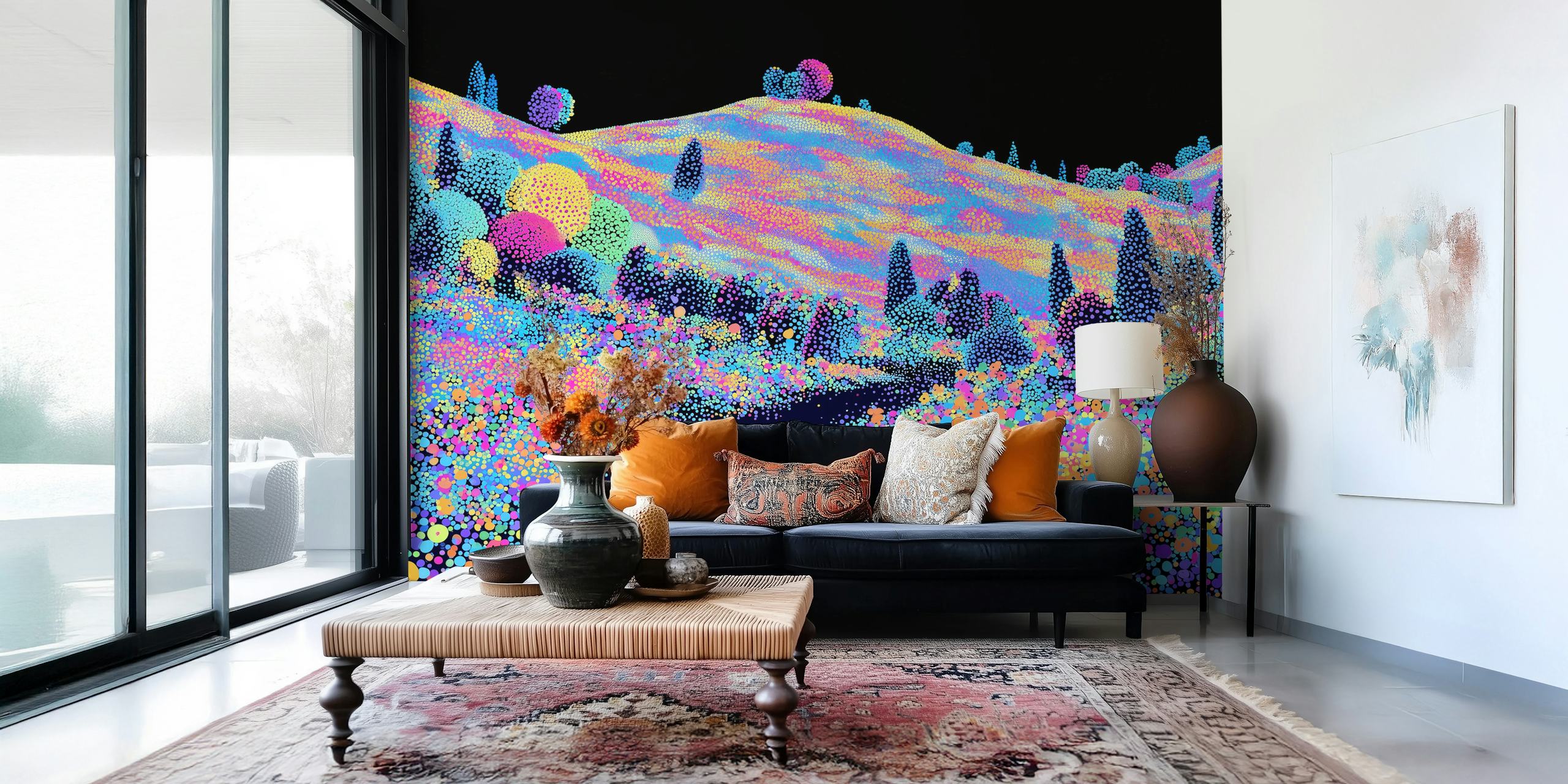 Pointillist landscape with colorful dots on black background wallpaper