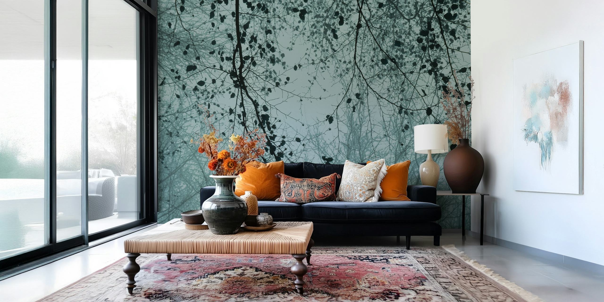 Håndlavet Dusty Blue leaves and branches Wallpaper Mural af Happywall