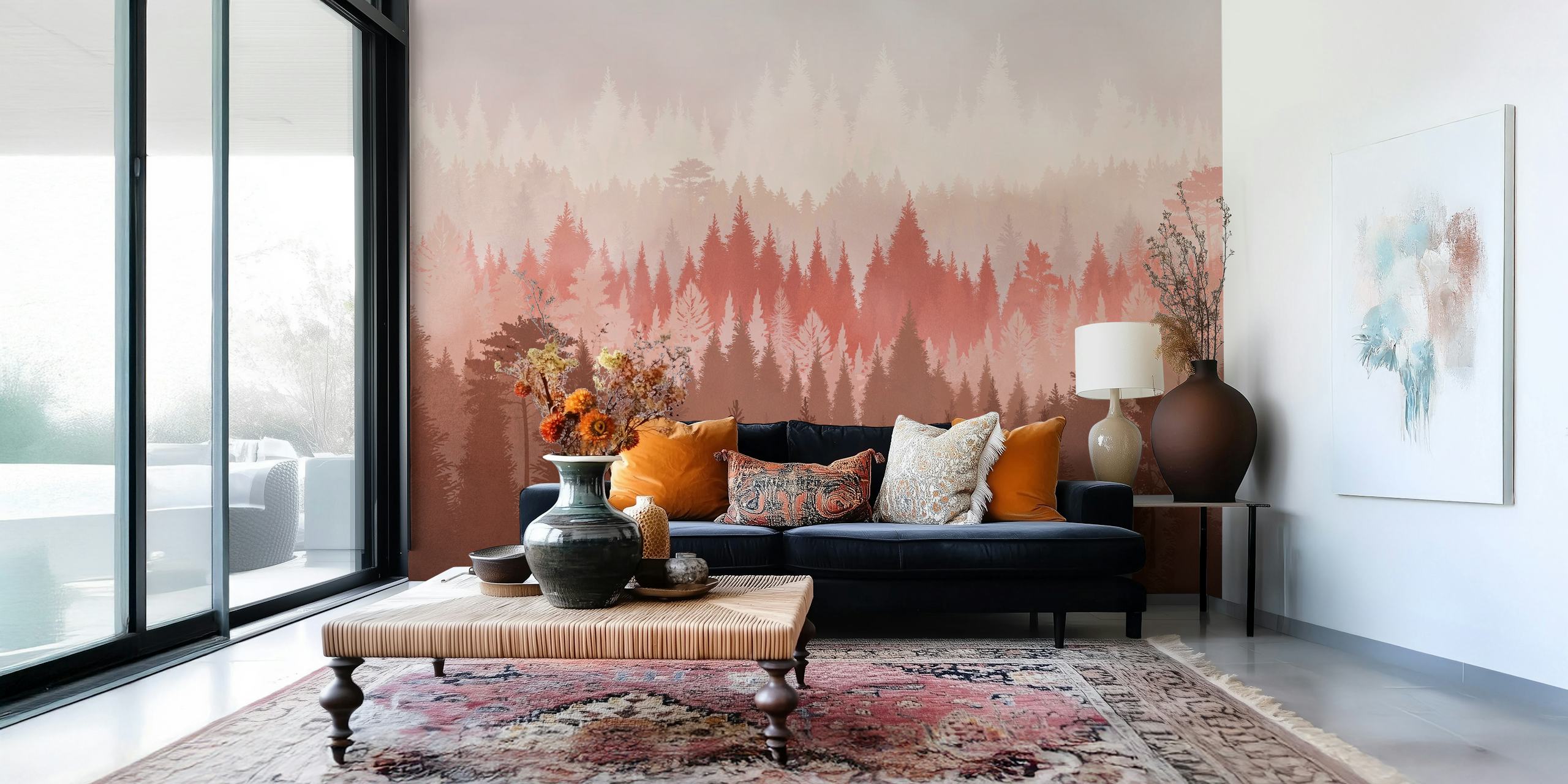 Layered forest silhouette in warm red and brown tones wallpaper