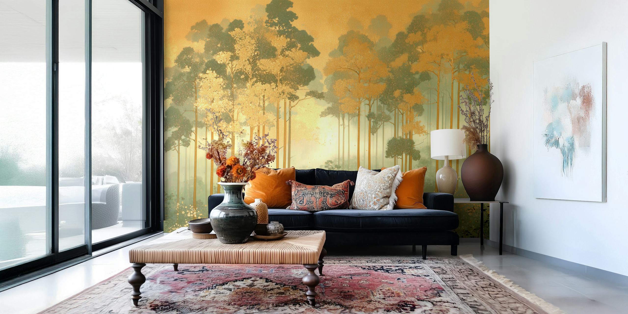 Papel de parede Golden Forest Dawn em um quarto