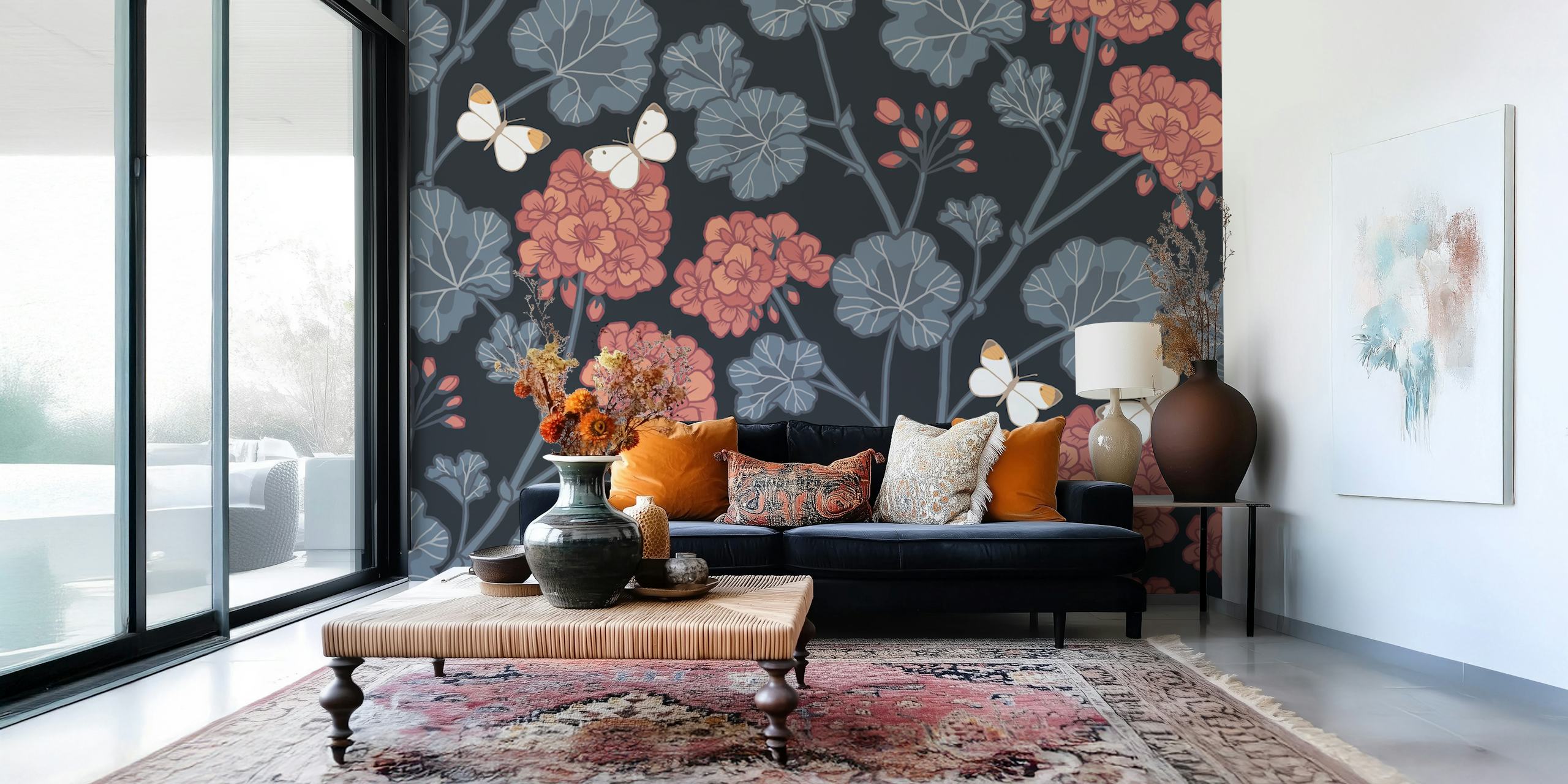 Papel de parede Jenni Blue Red Dark em uma configuração de quarto