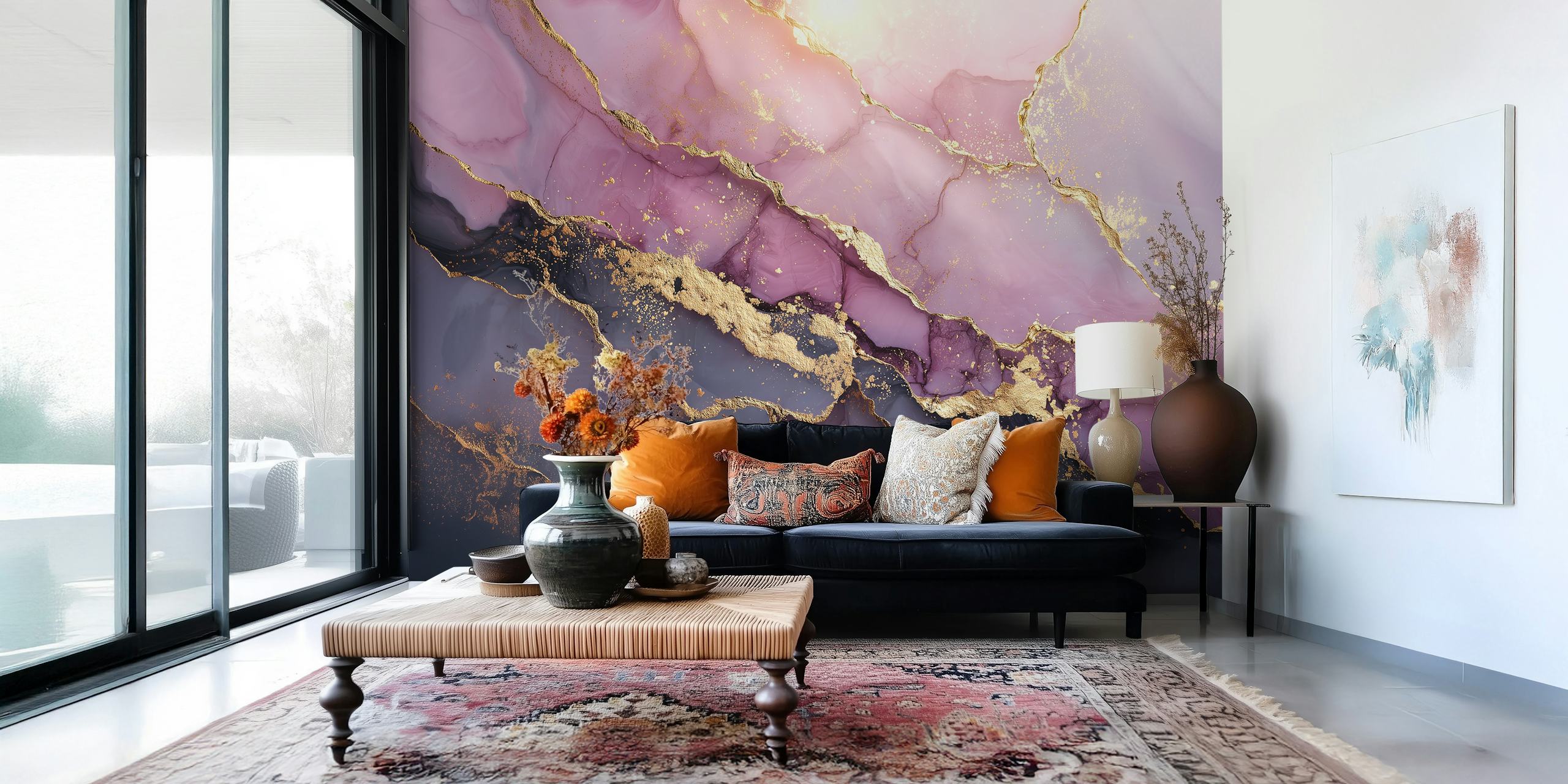 Lavender and gold waves wallpaper in a room