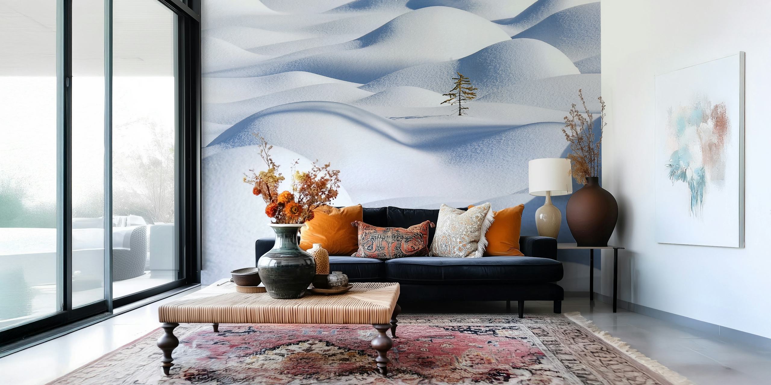 White snow hills with soft, curve shapes and a single tree wallpaper