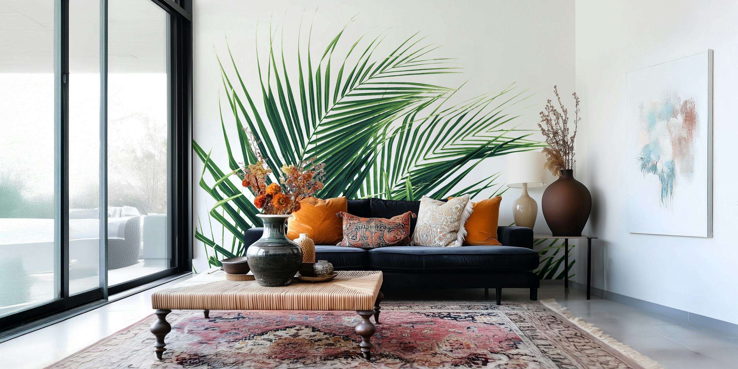 Tropical green palm leaves on a white background wallpaper