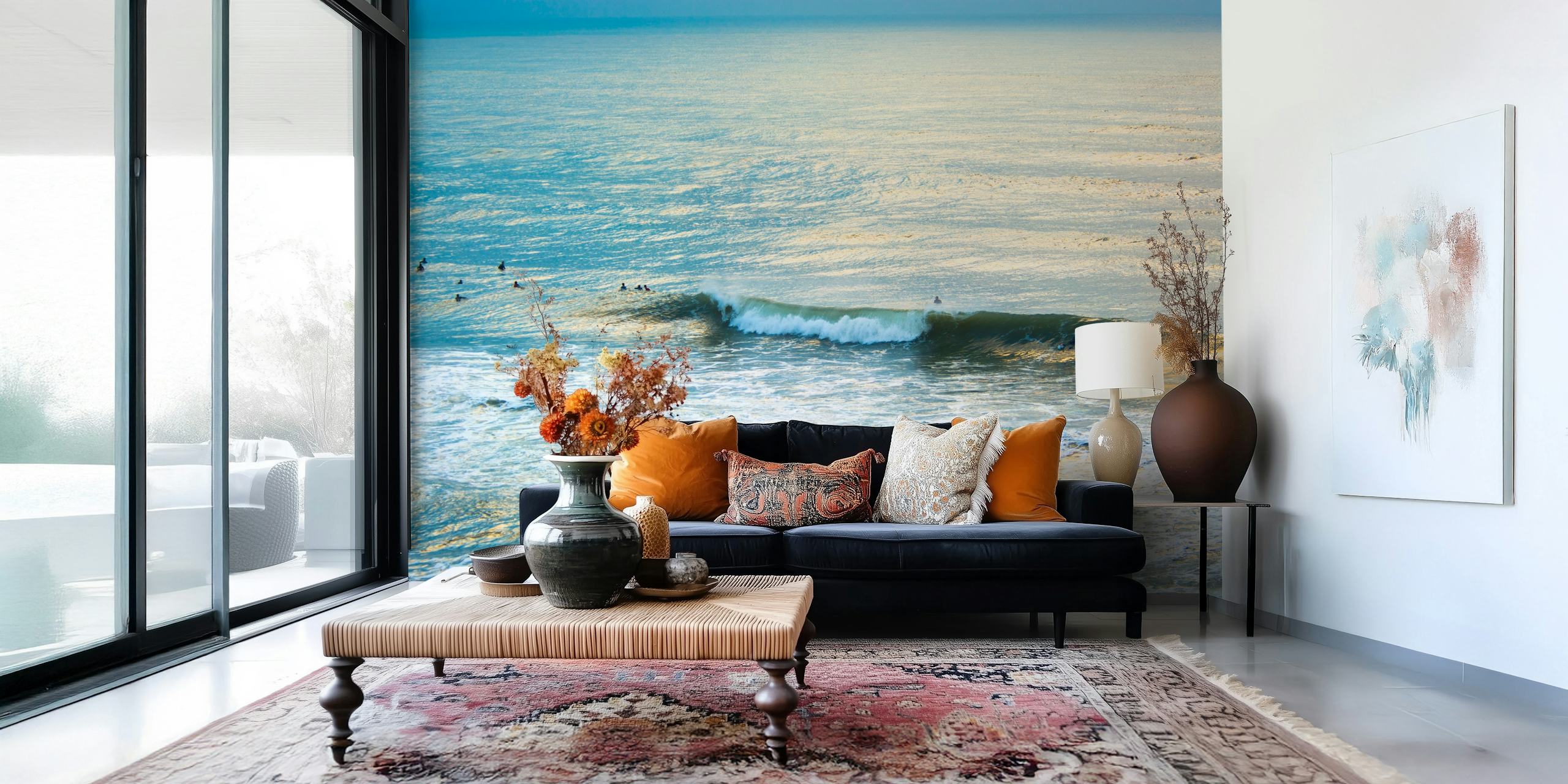 Ocean waves and surfers in blue tones wallpaper