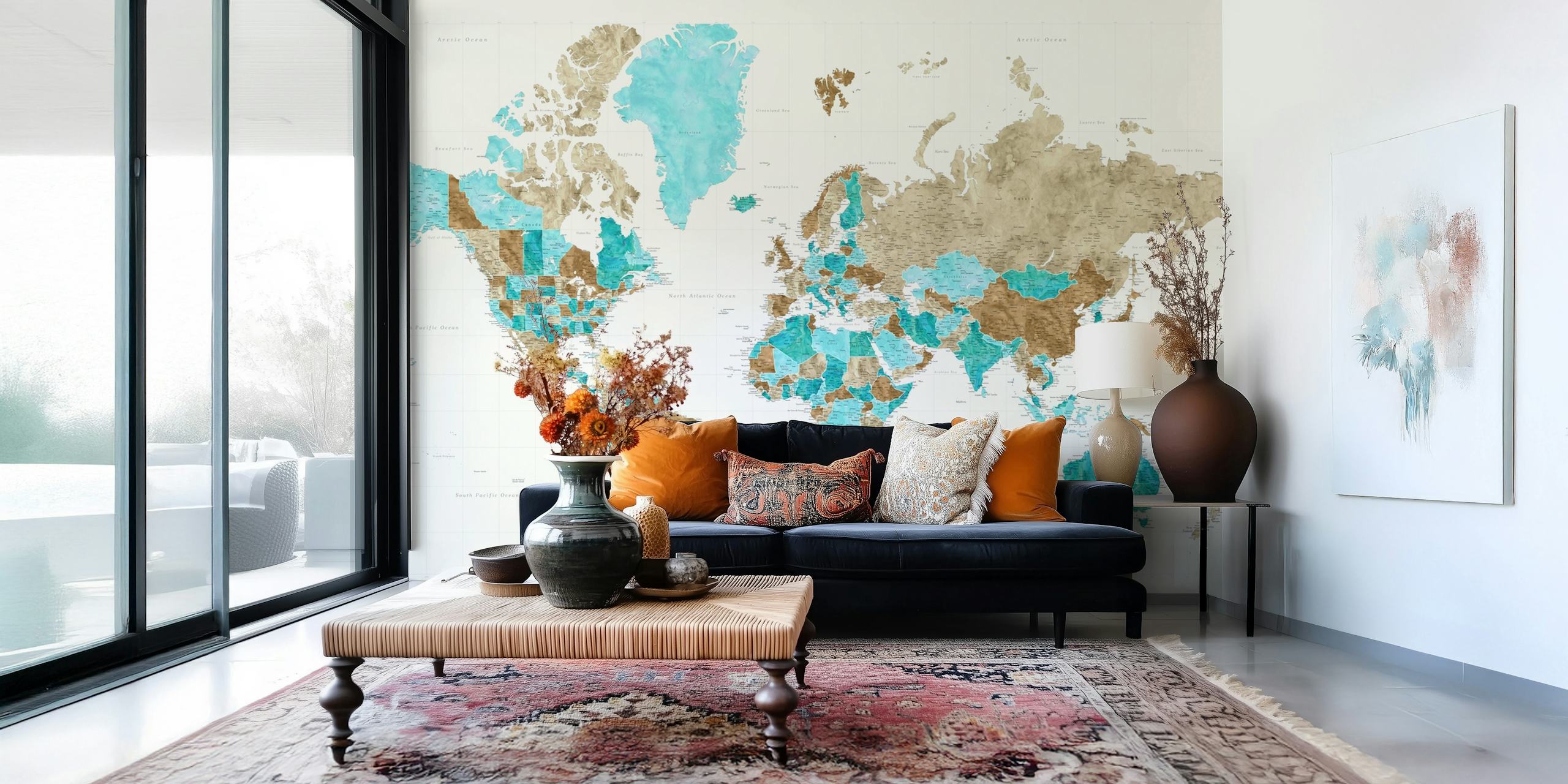 World map in sandy brown and turquoise colors wallpaper