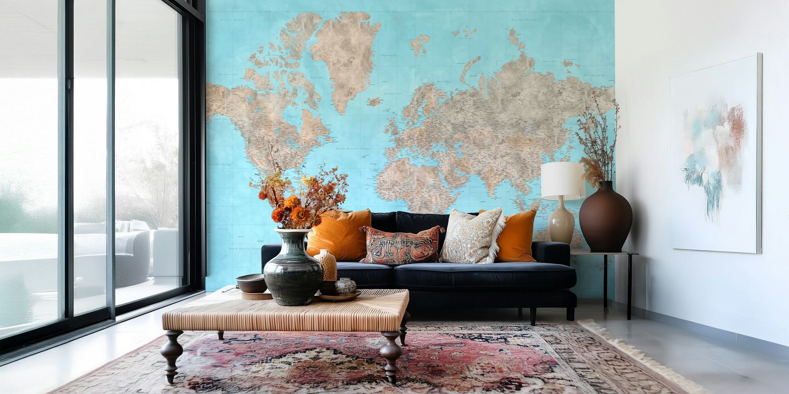 Carte du monde en beige et bleu sur fond pastel, style vintage wallpaper
