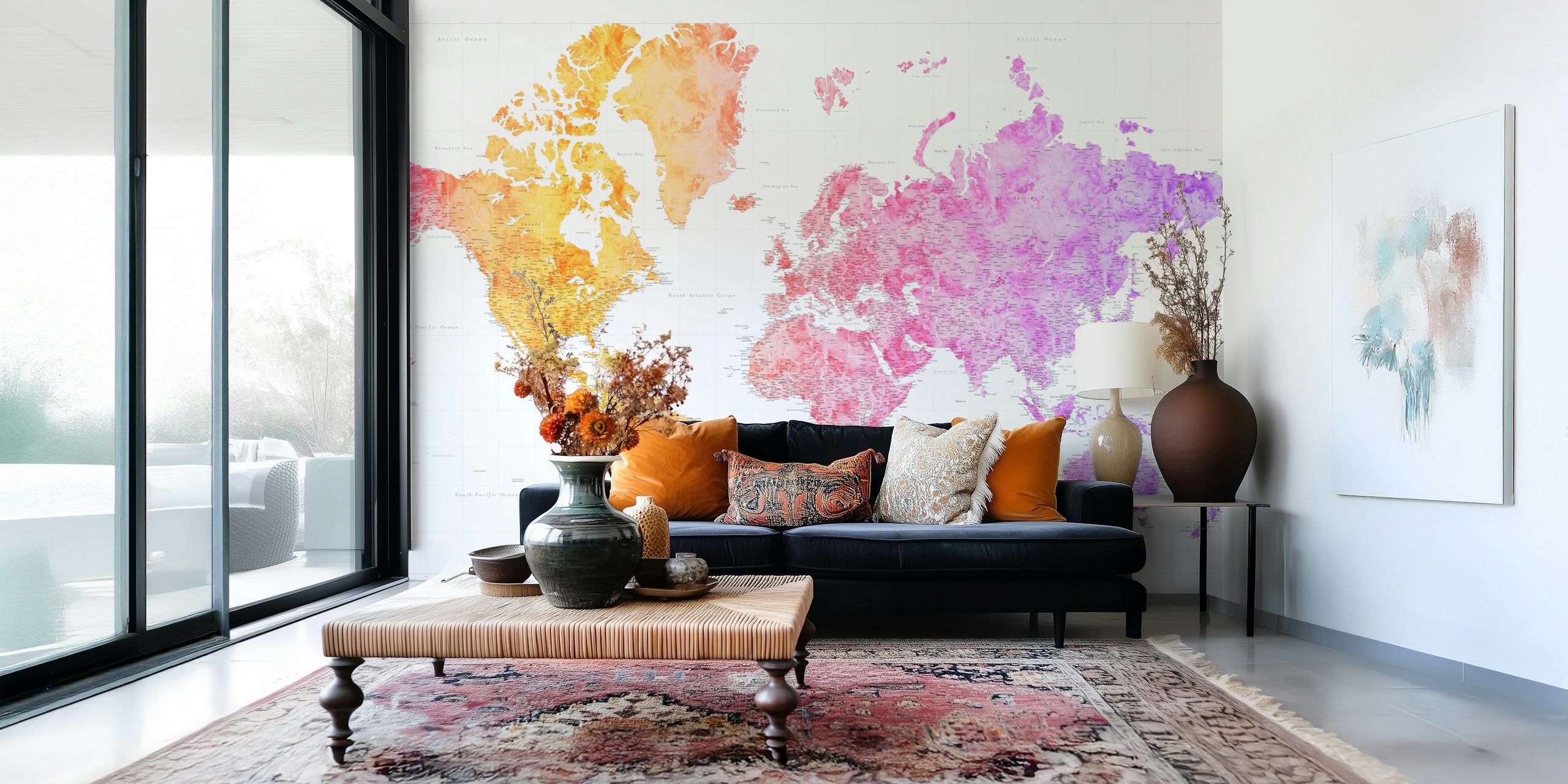 Colorful high-detail watercolor world map wall mural titled Edna