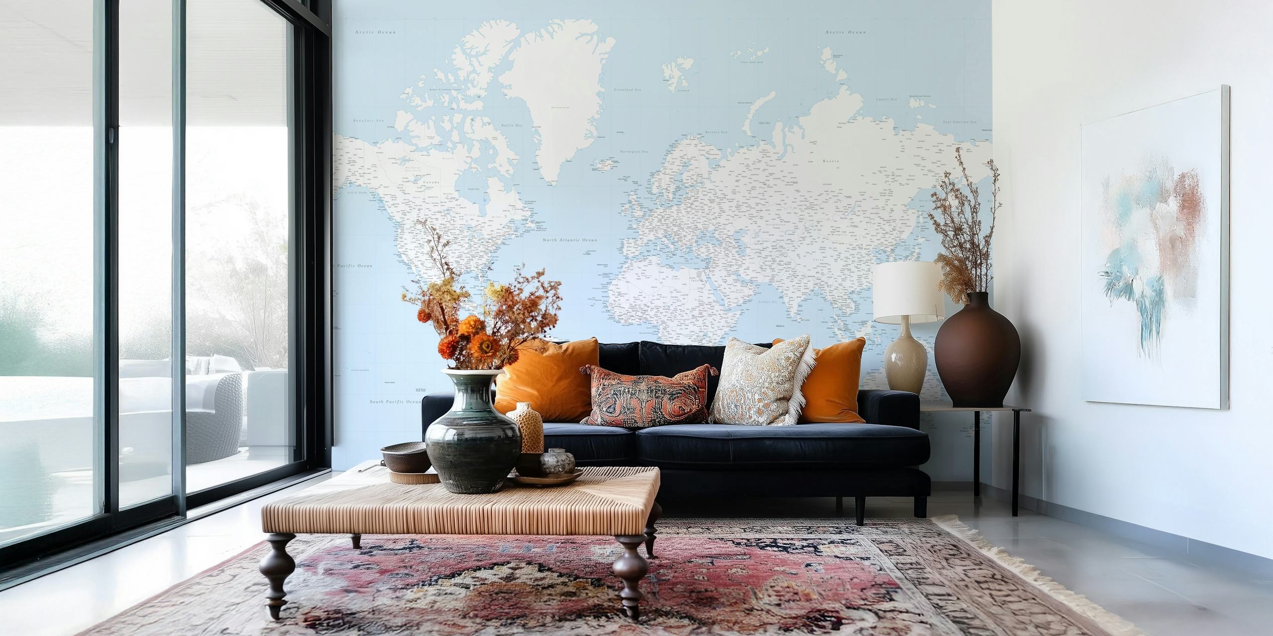 World map wallpaper in baby blue color