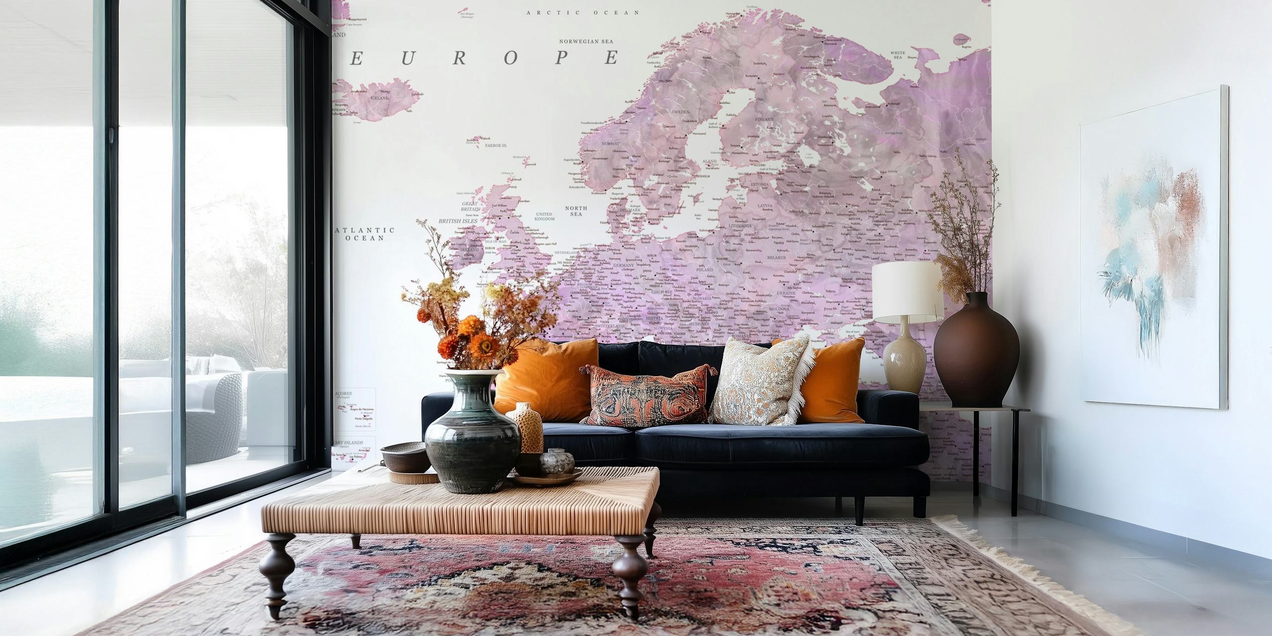 Detailed world map with pink watercolor effect wallpaper