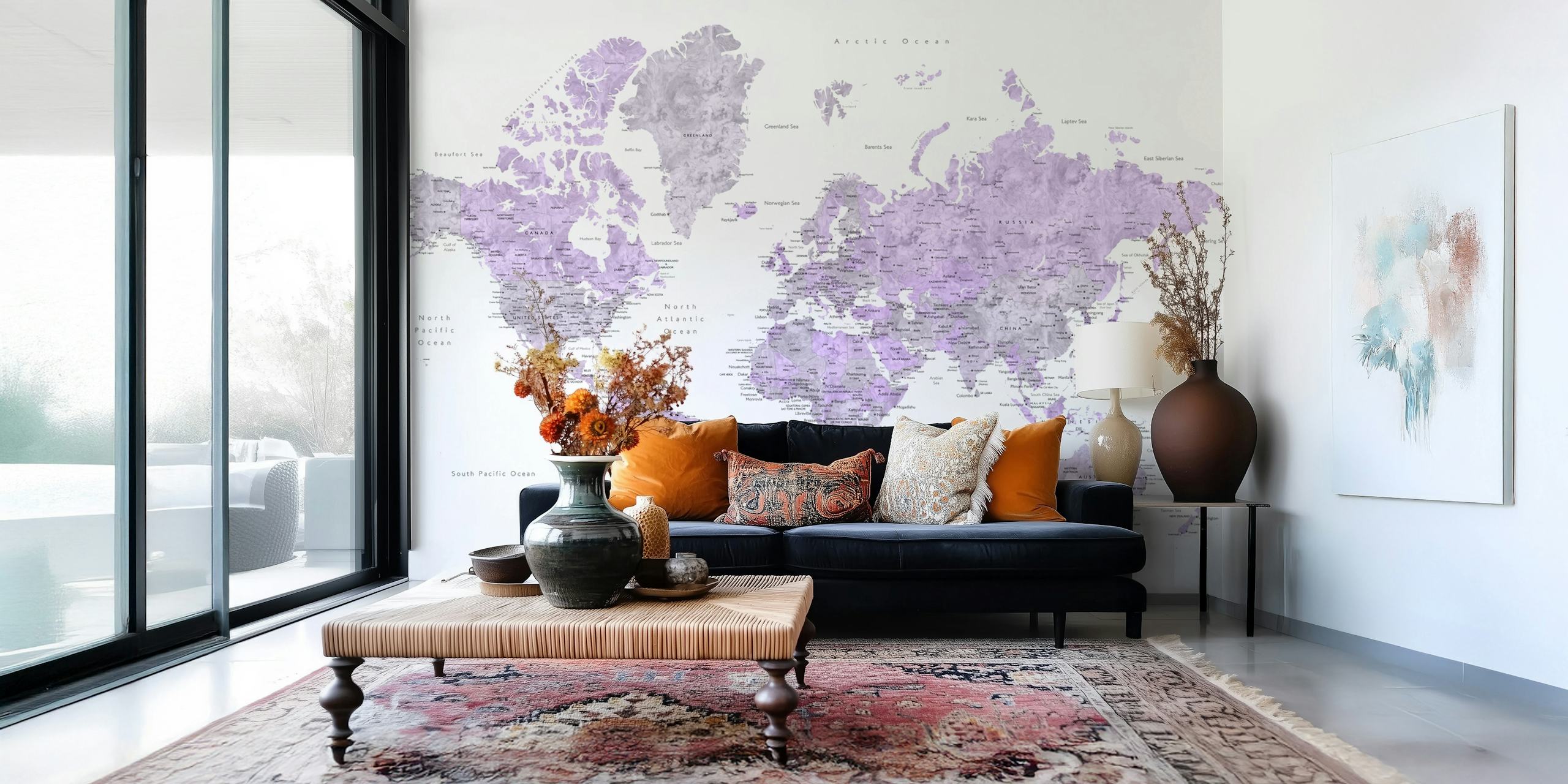 Lavender-hued world map wall mural with marked cities