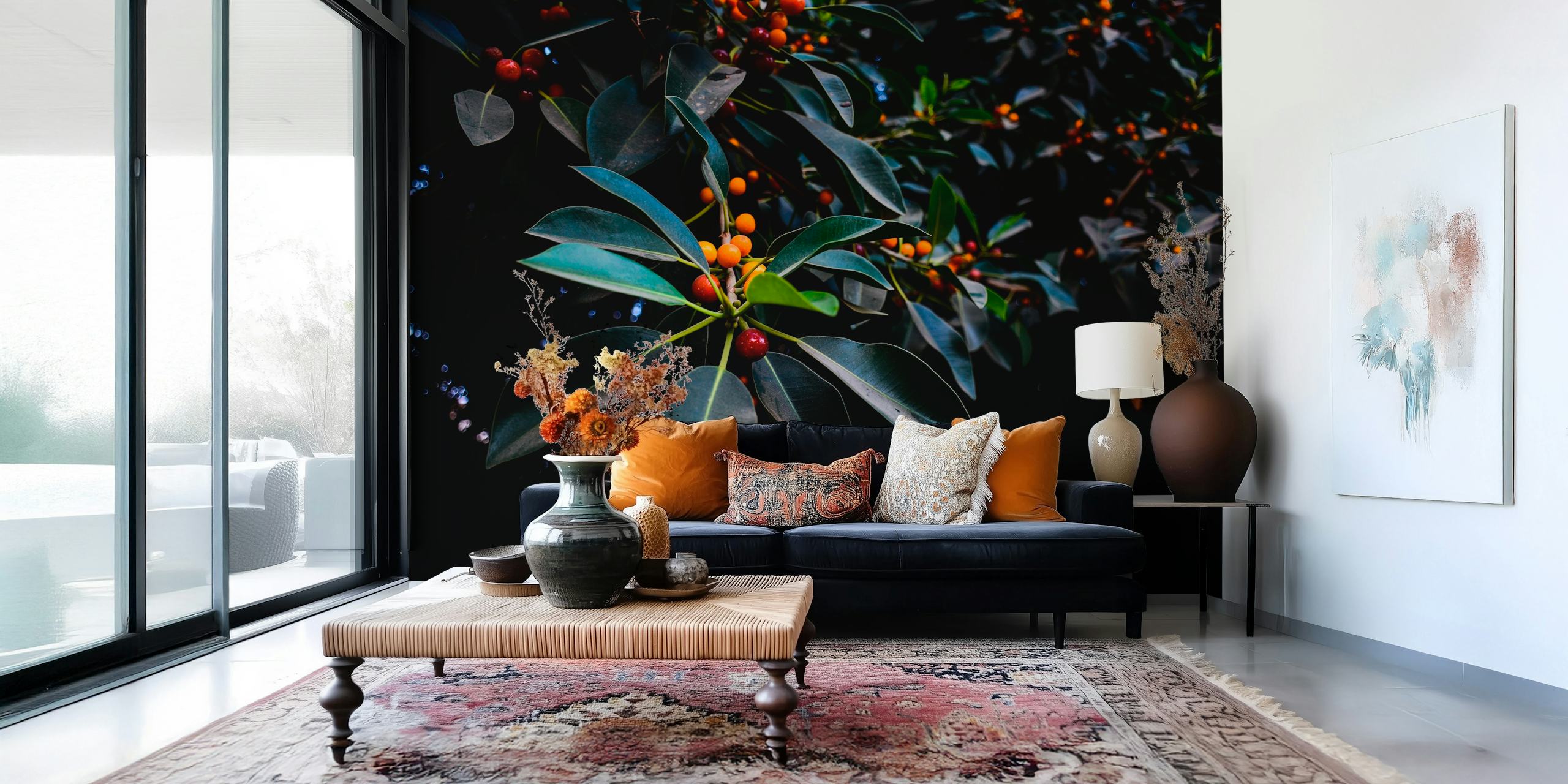 Papel de parede laranja e verde em um ambiente de quarto.