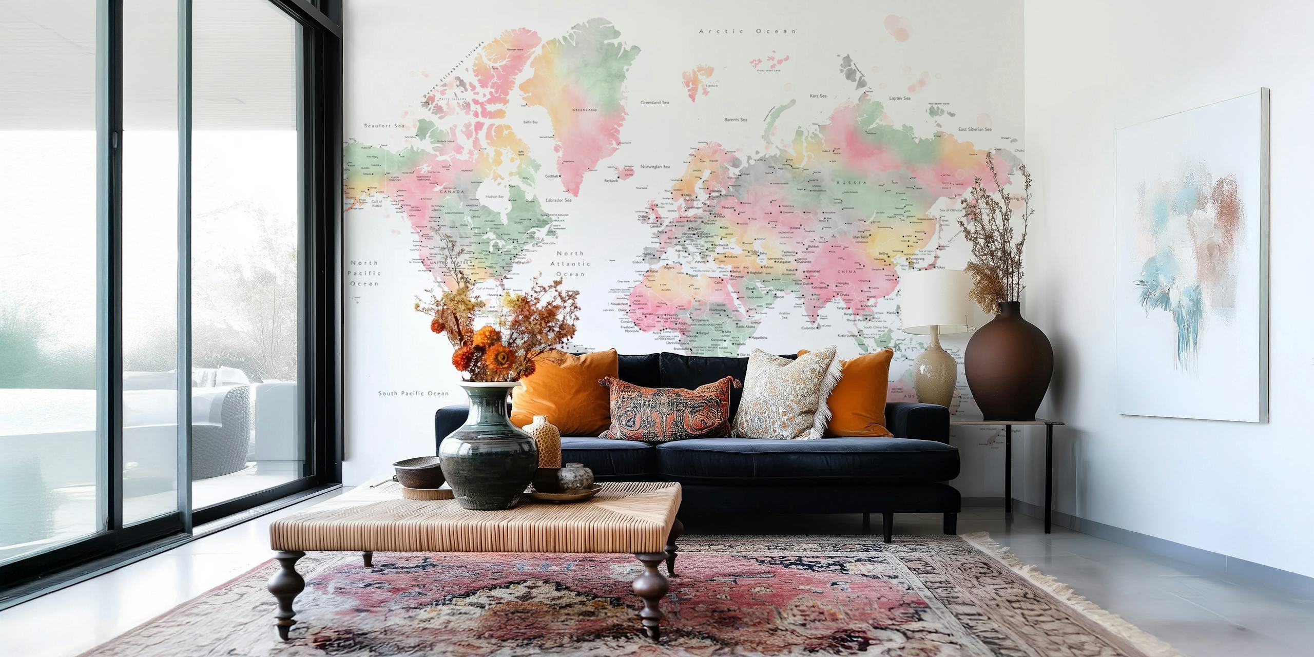 Carta da parati World map cities in una stanza