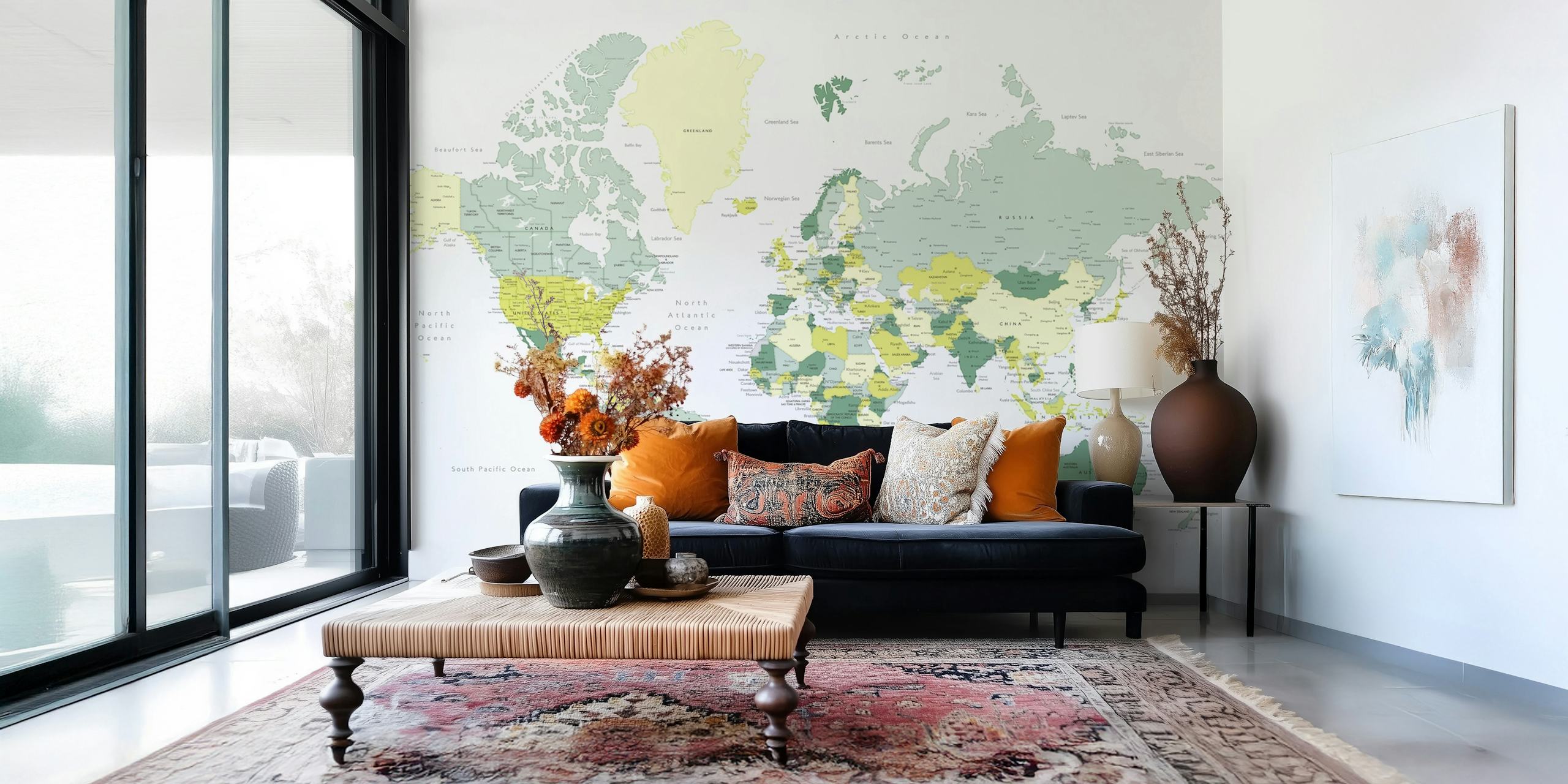 Kapueo world map with cities wallpaper in a room