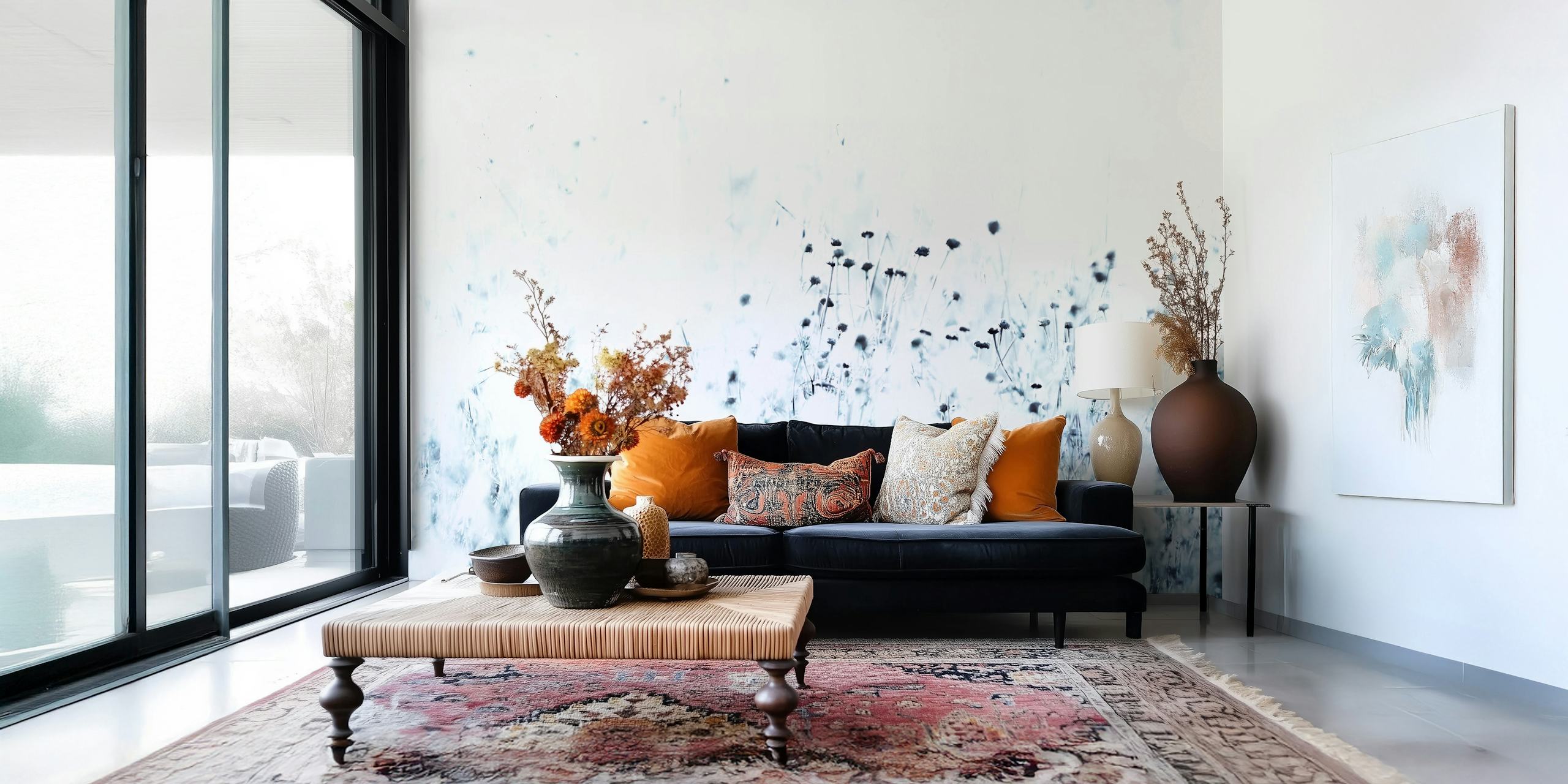 Minimalist Syrian Thistle Wall Mural with White Background and Black Spots