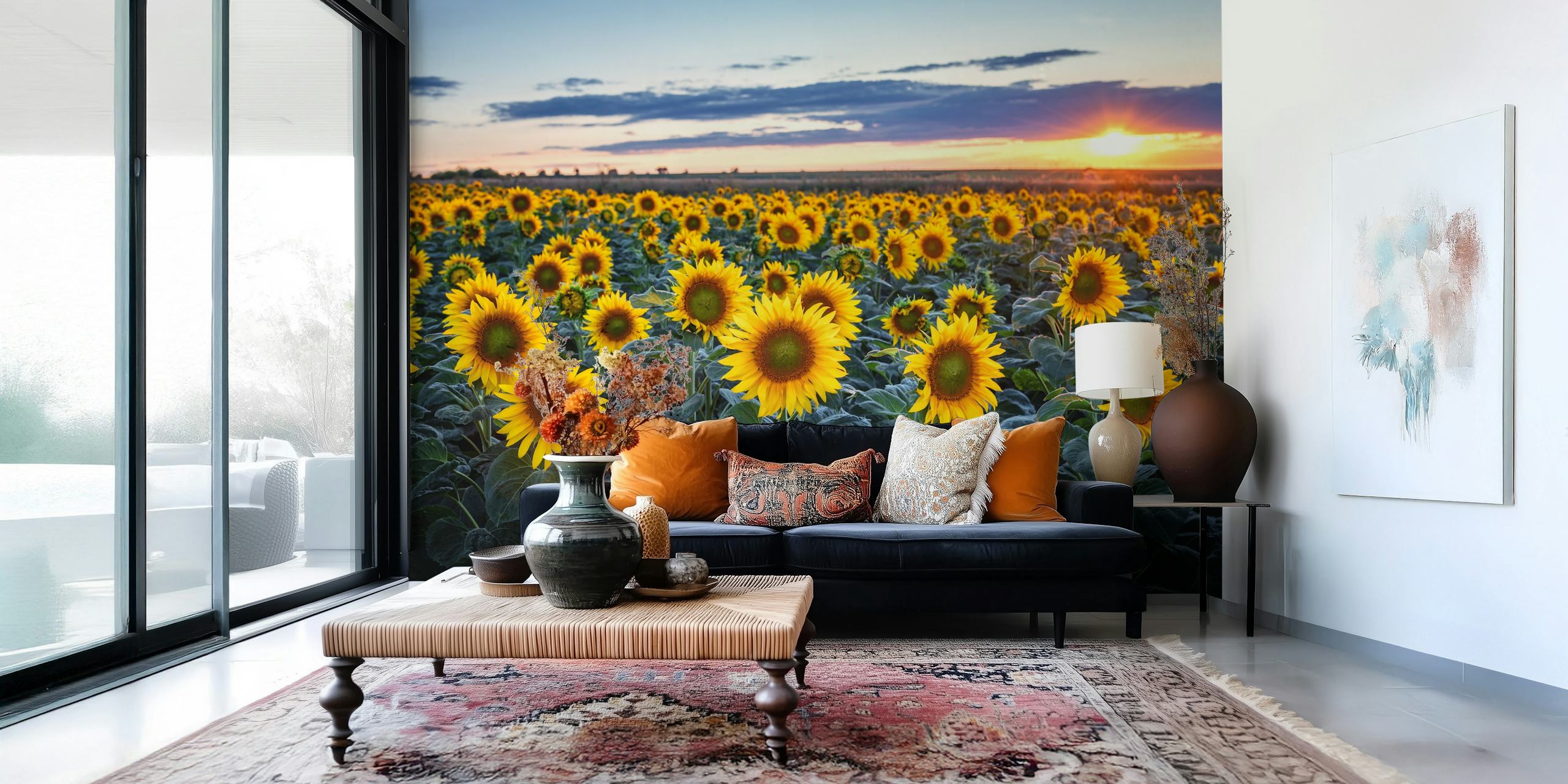 Sunflowers wallpaper in a bright room