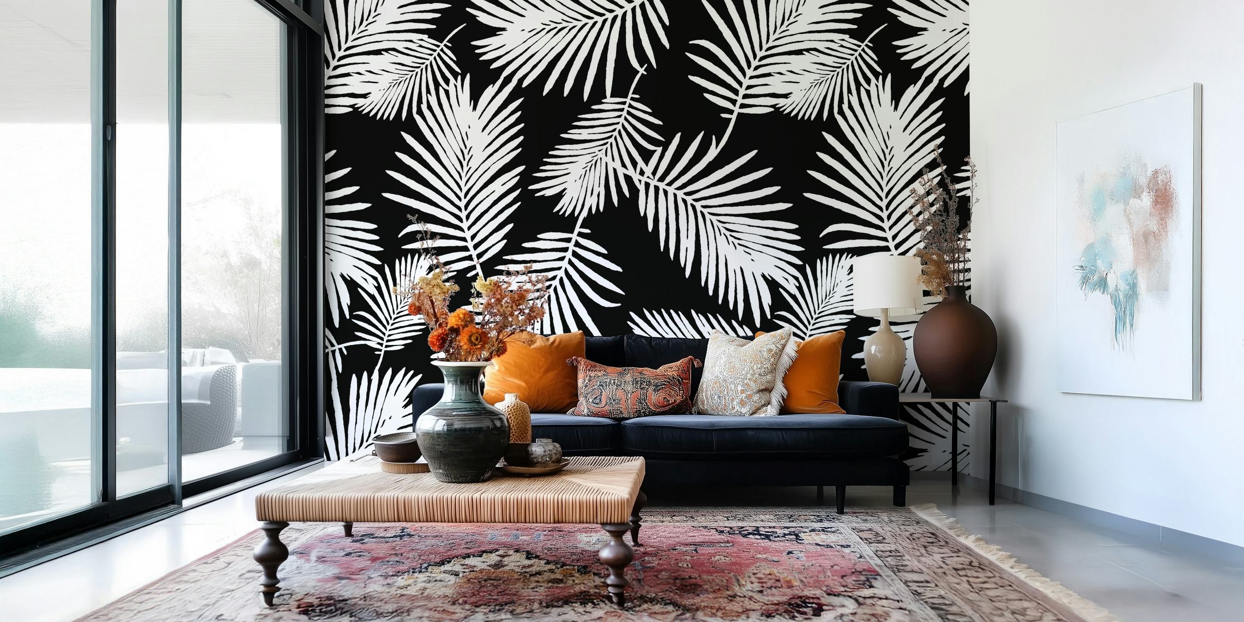 Black and white tropical palm leaf pattern wallpaper
