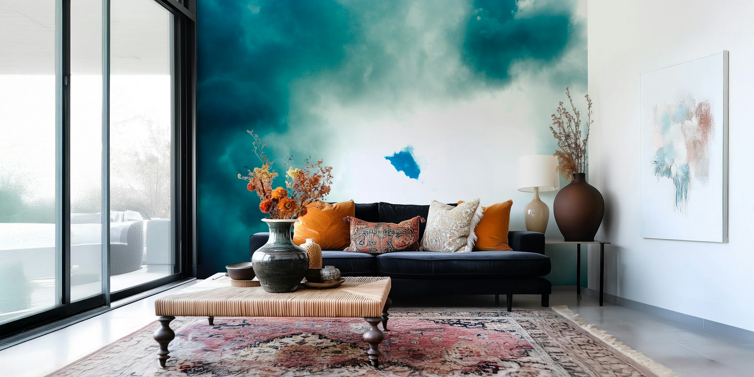 Dark cloudy sky with a blue opening wallpaper