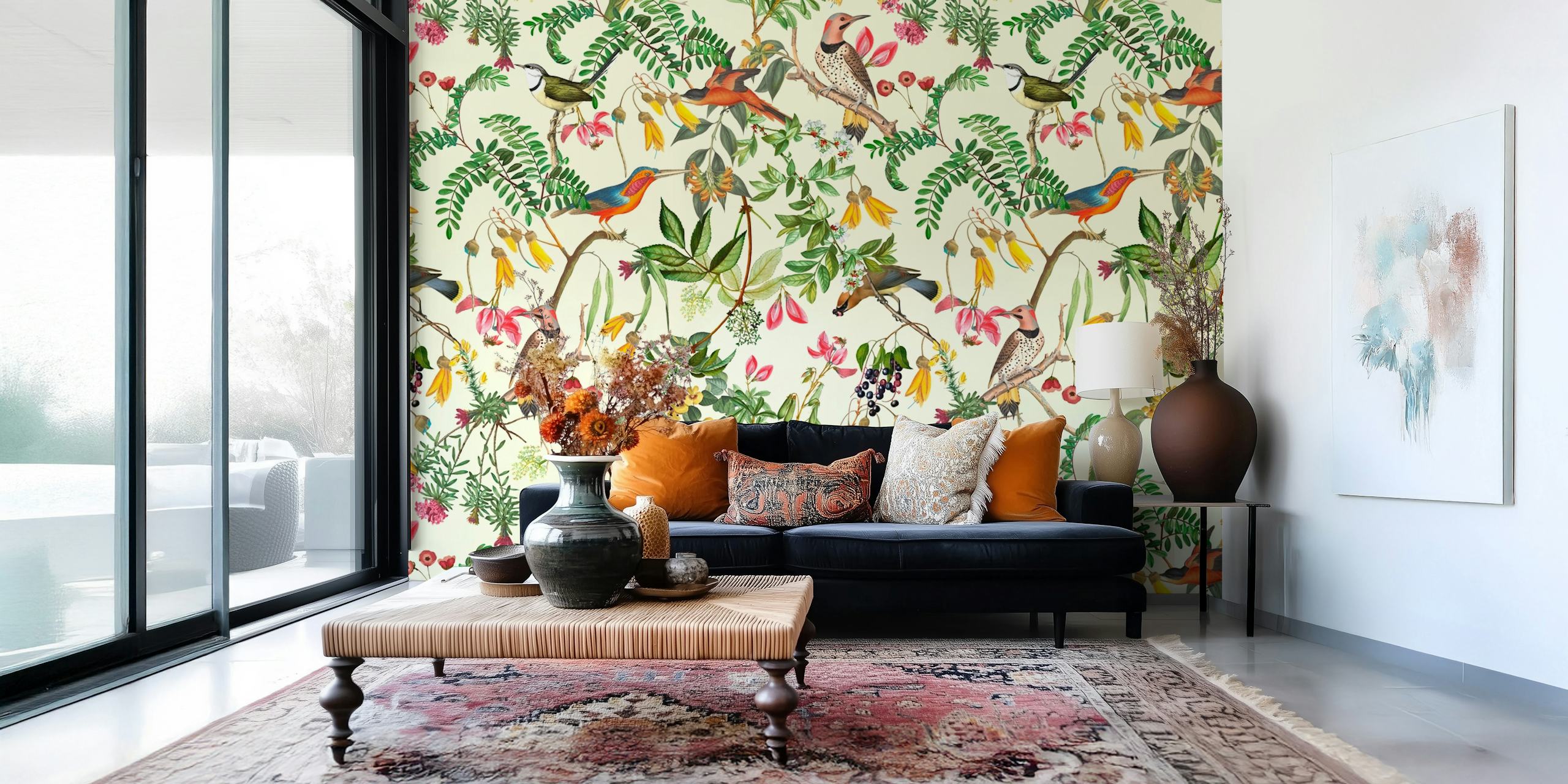 Colorful exotic birds and jungle foliage wall mural