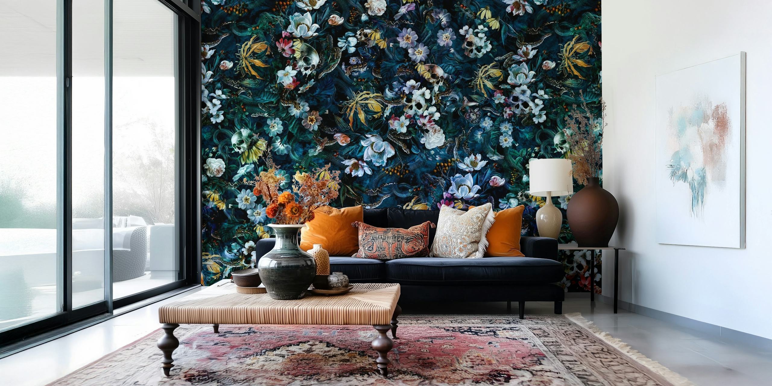 Fascinante fondo de pantalla digital con Skull, Snake y Flowers