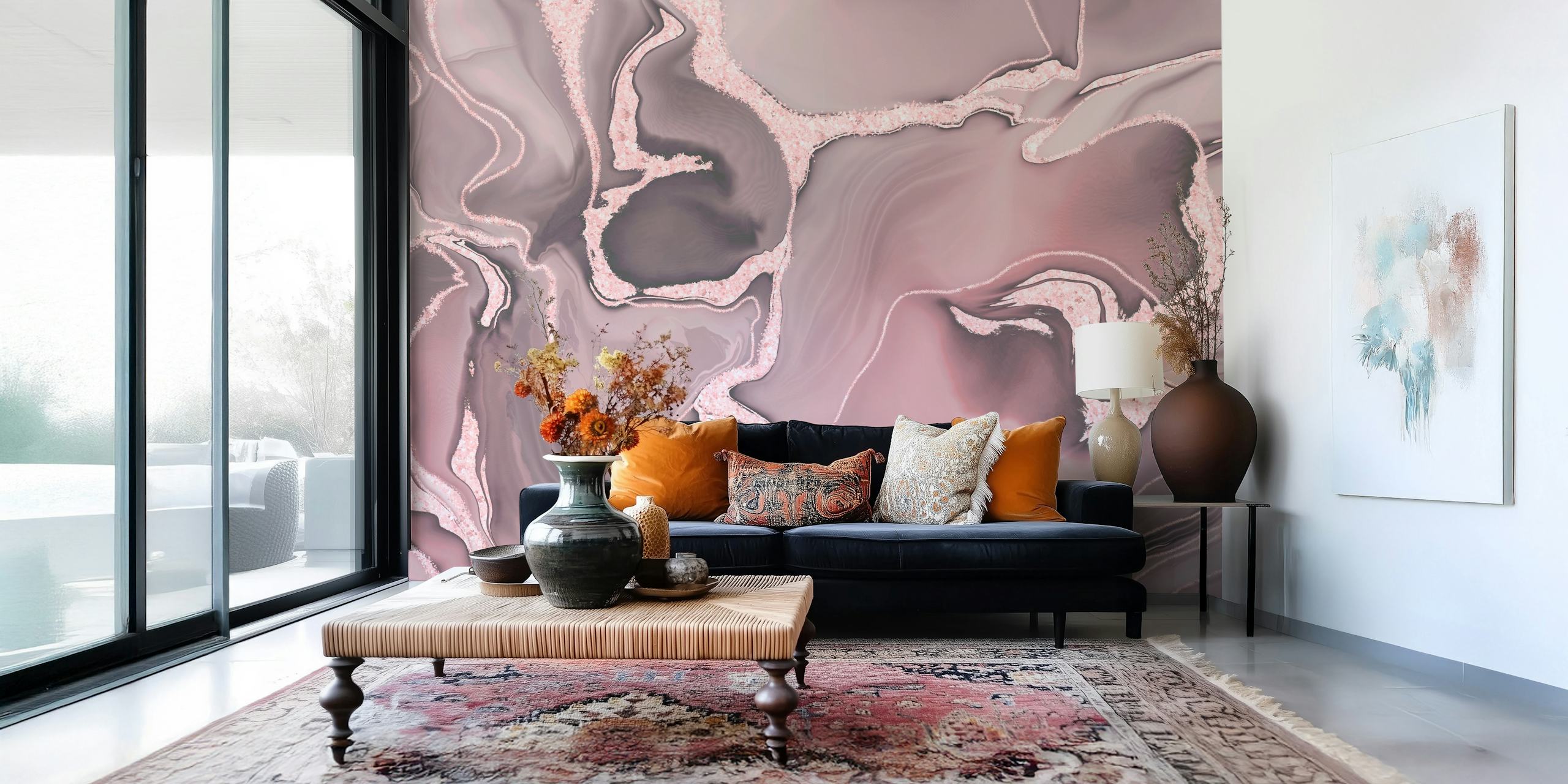 Blush and rose gold marbled wallpaper, abstract design