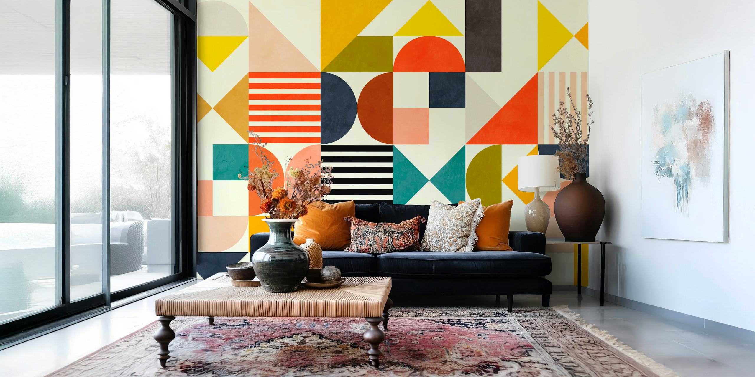 Geometric patterns in warm colors on beige background wallpaper