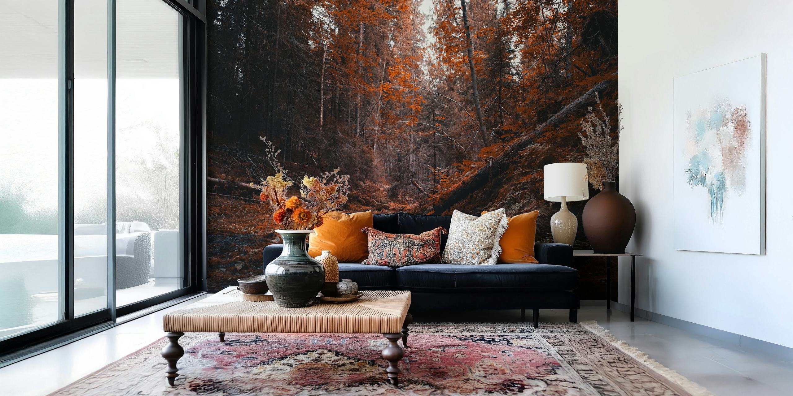 Autumn forest scene with orange foliage and a stream wallpaper