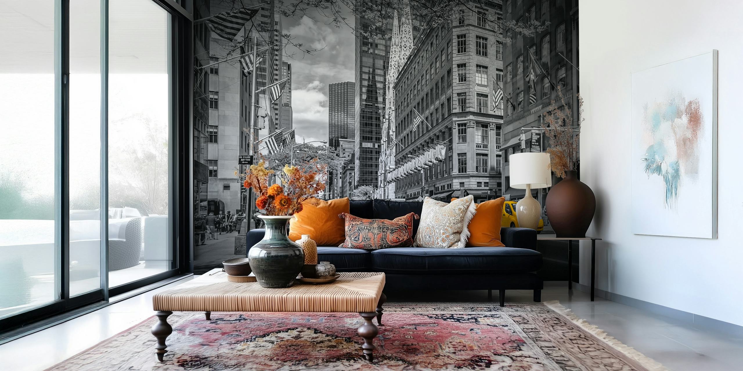 Monochrome wall mural of 5th Avenue in Manhattan with yellow taxis adding a pop of color
