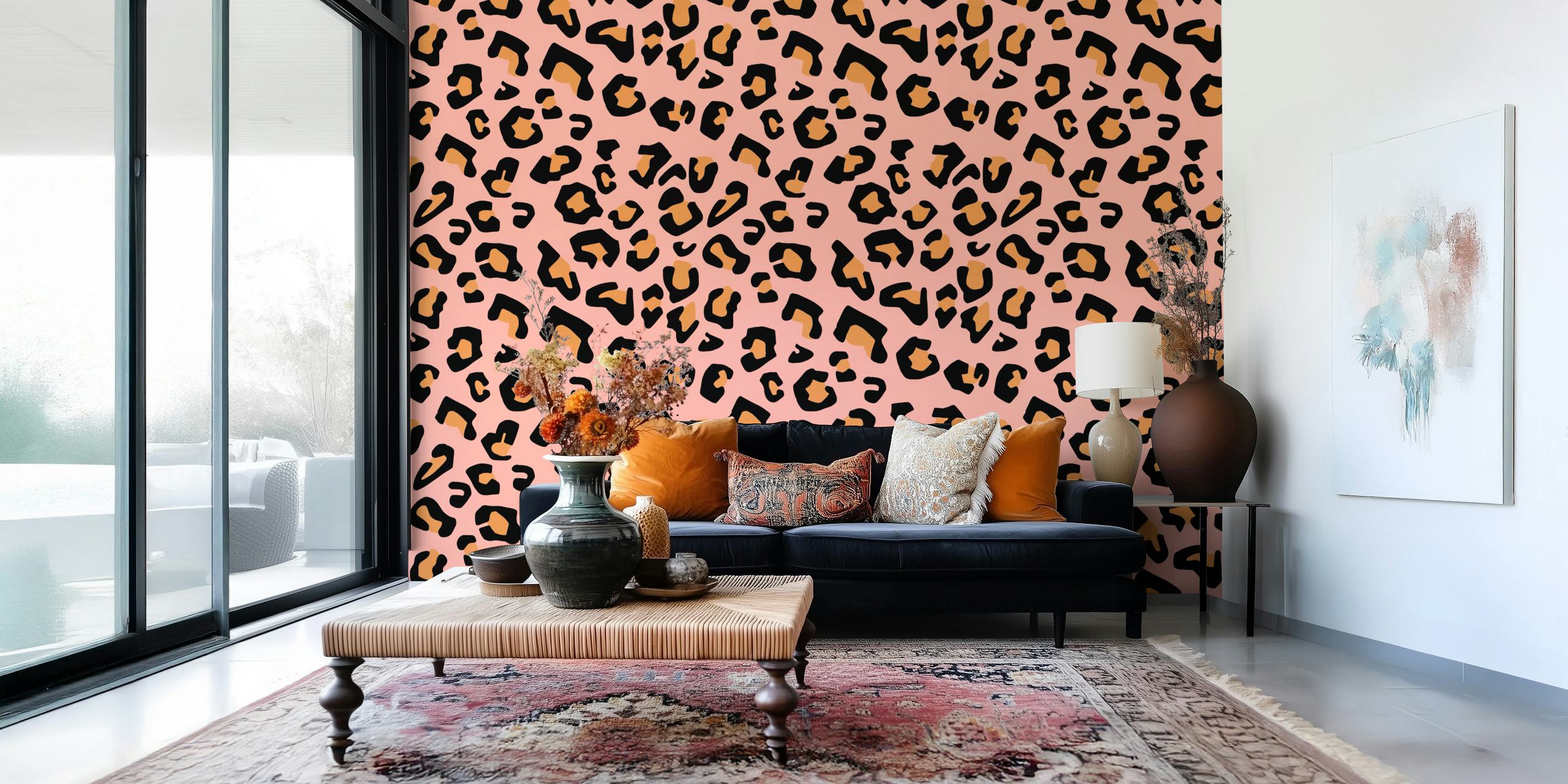 Modern leopard print pattern wall mural on a pale pink background