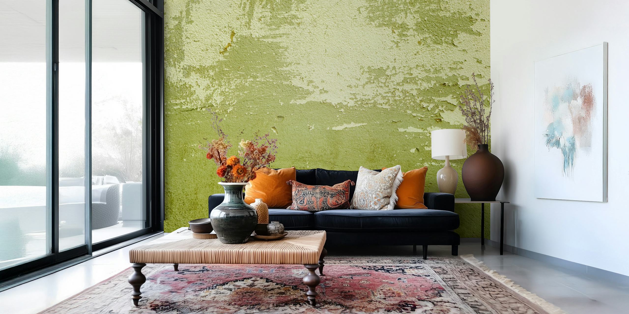 Textured green wallpaper with peeling paint effect