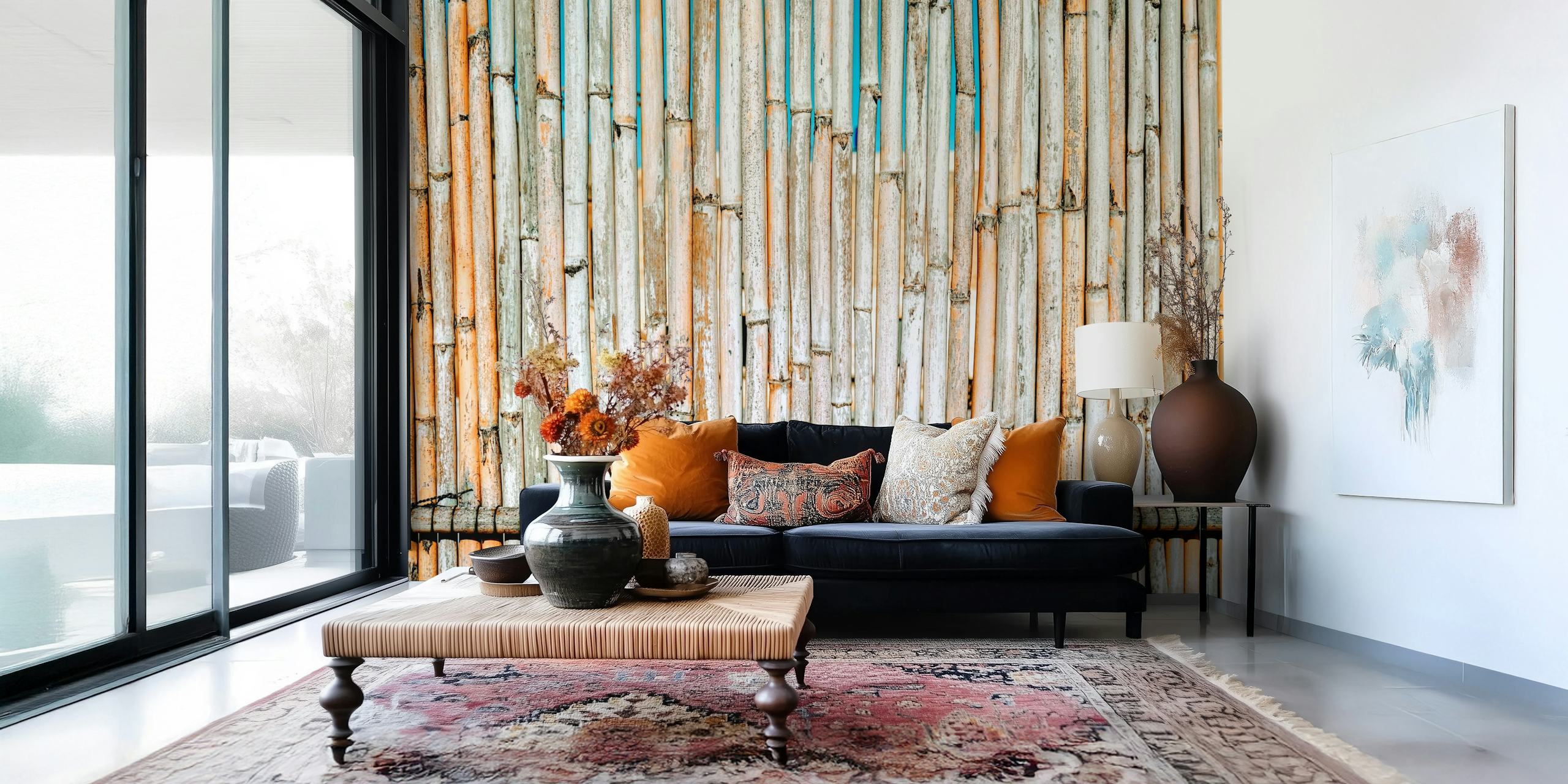 Worn bamboo wall mural with weathered and natural hues