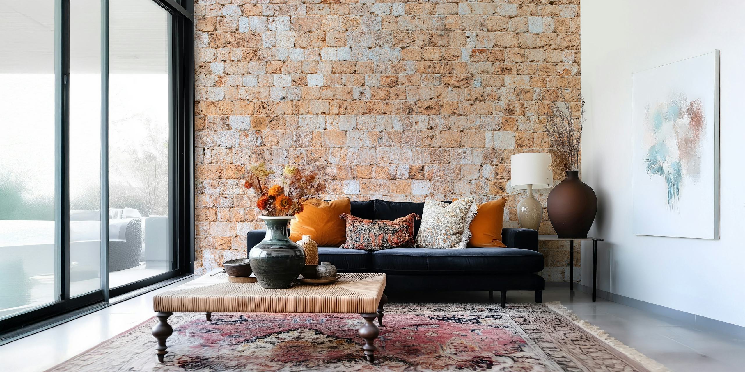 Natural stone wall wallpaper with beige and cream tiles