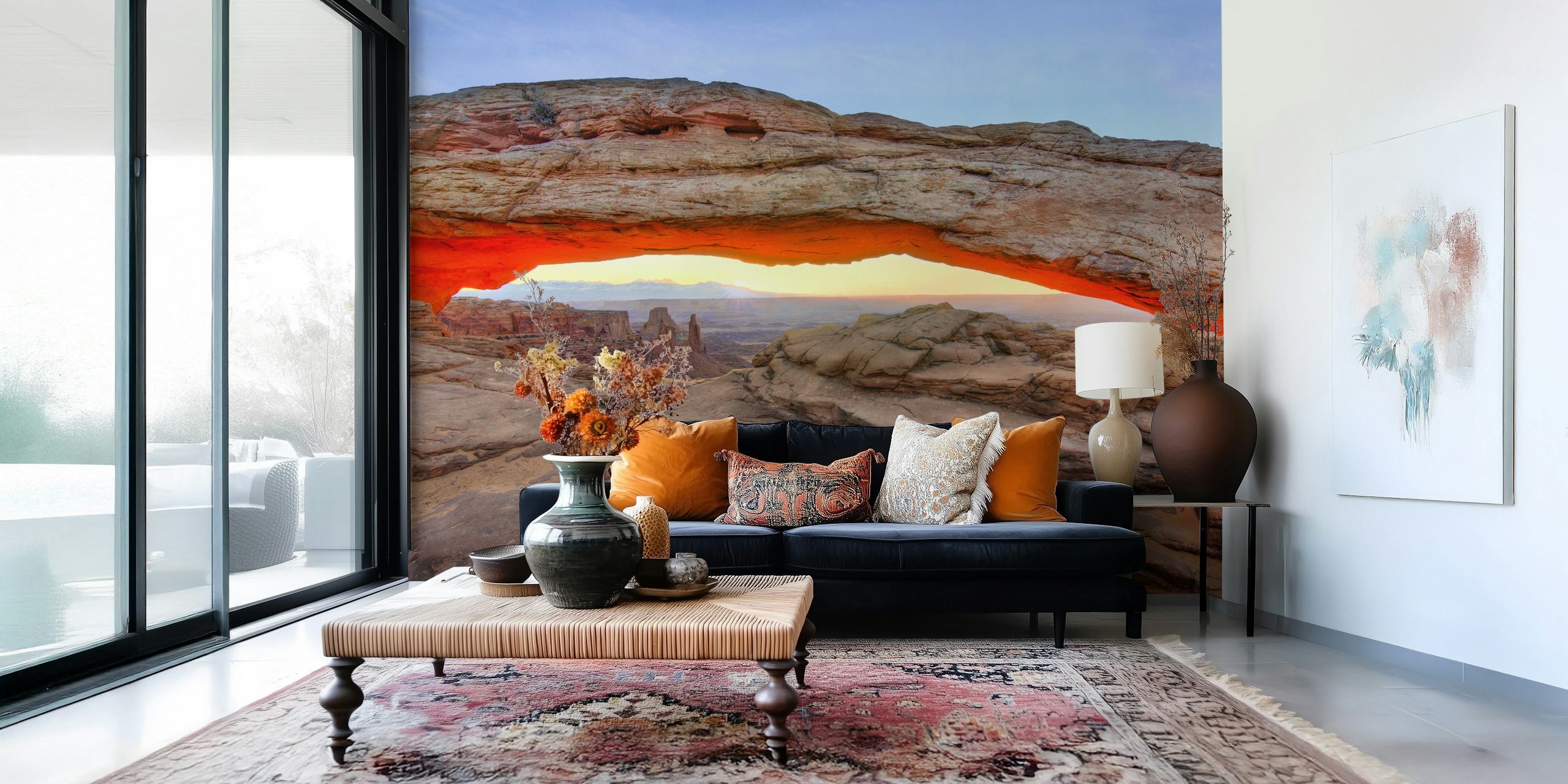 Desert rock arch with sunset view in earthy tones wallpaper