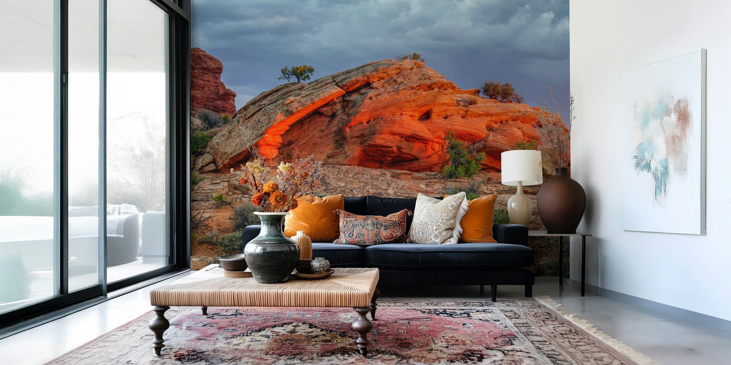 Glowing rock at sunset with vibrant orange hues and natural surroundings. Wallpaper