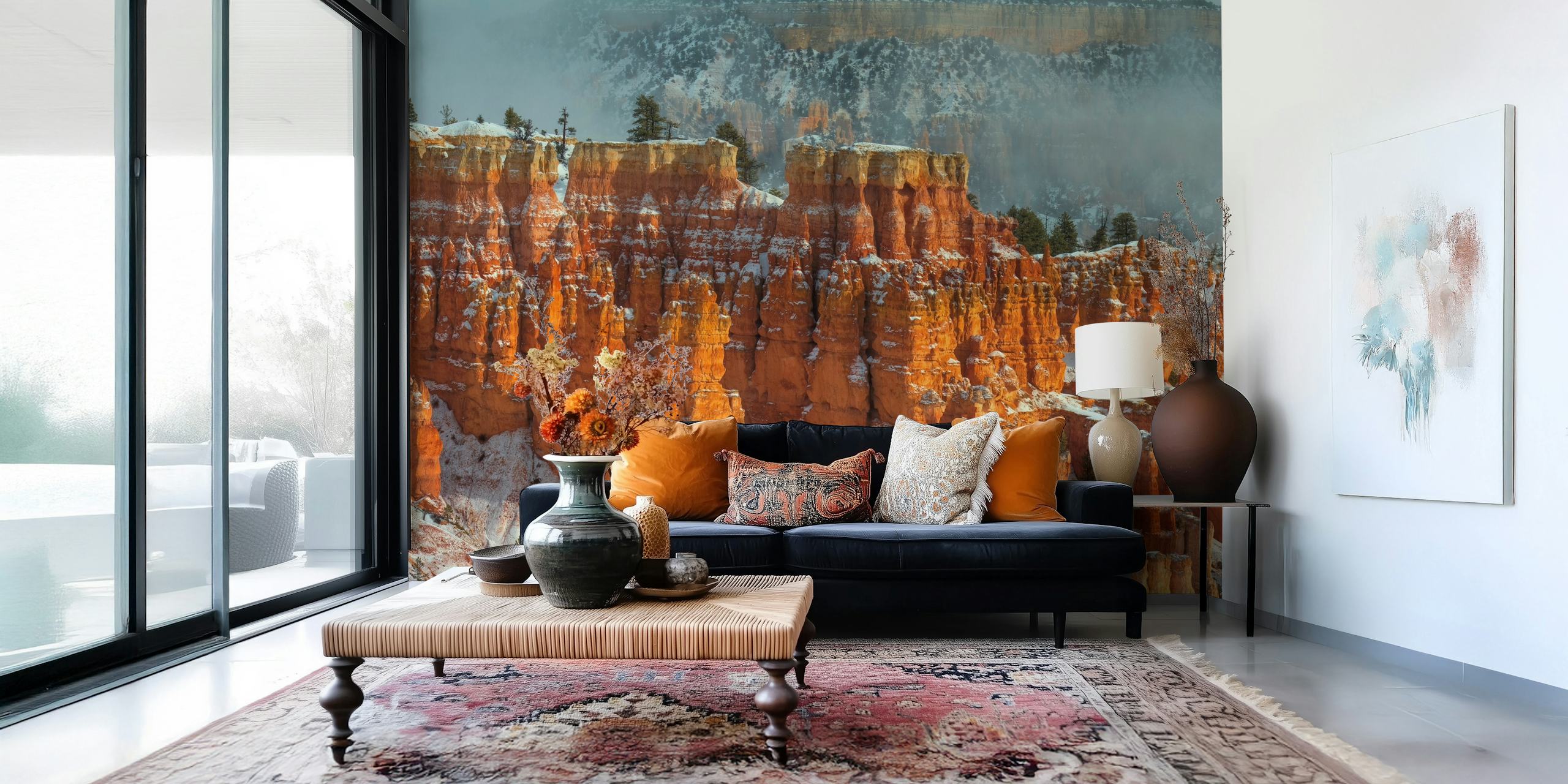 Orange rock formations with snow accents wallpaper