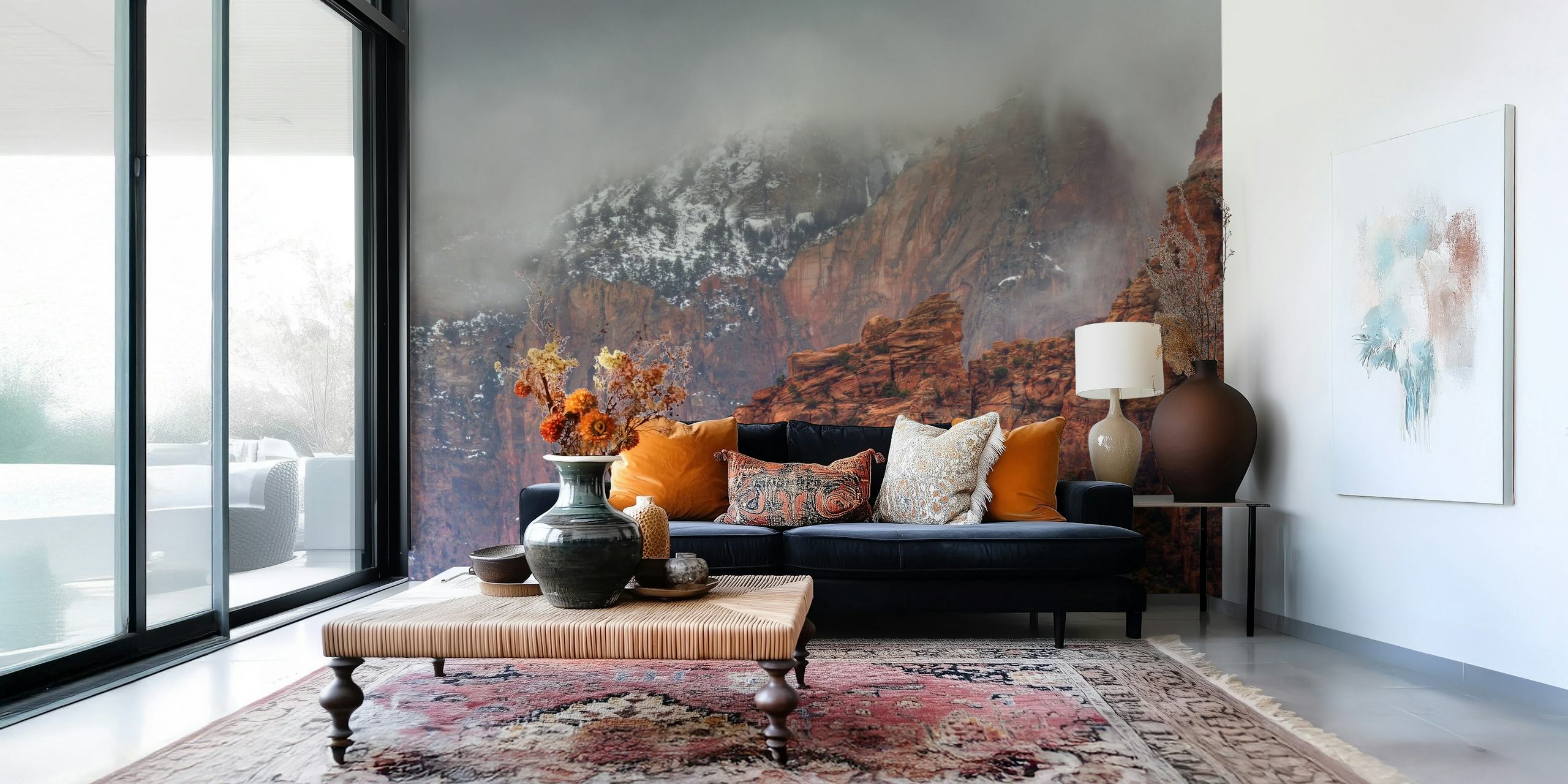 Mountain landscape wallpaper with earthy tones and clouds