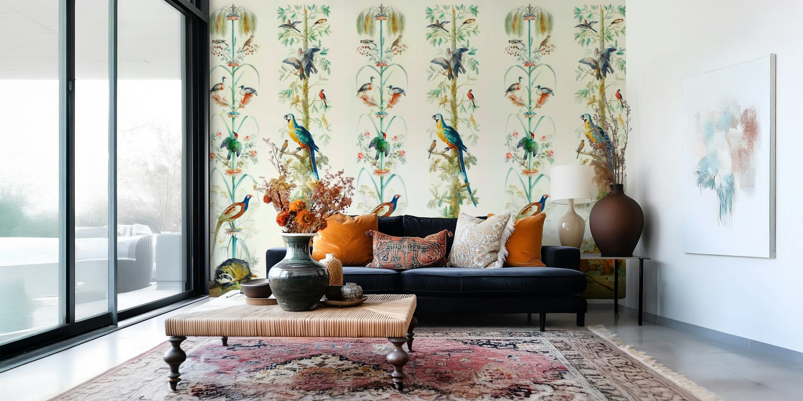 Colorful birds and floral motifs in a vintage wallpaper design