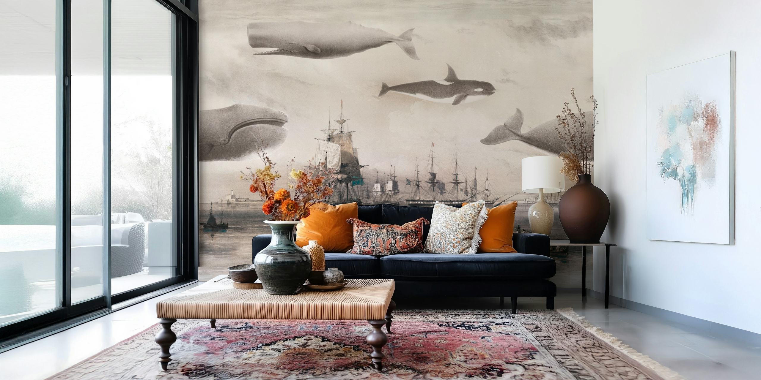 Whales and ships in sepia blue tones wallpaper