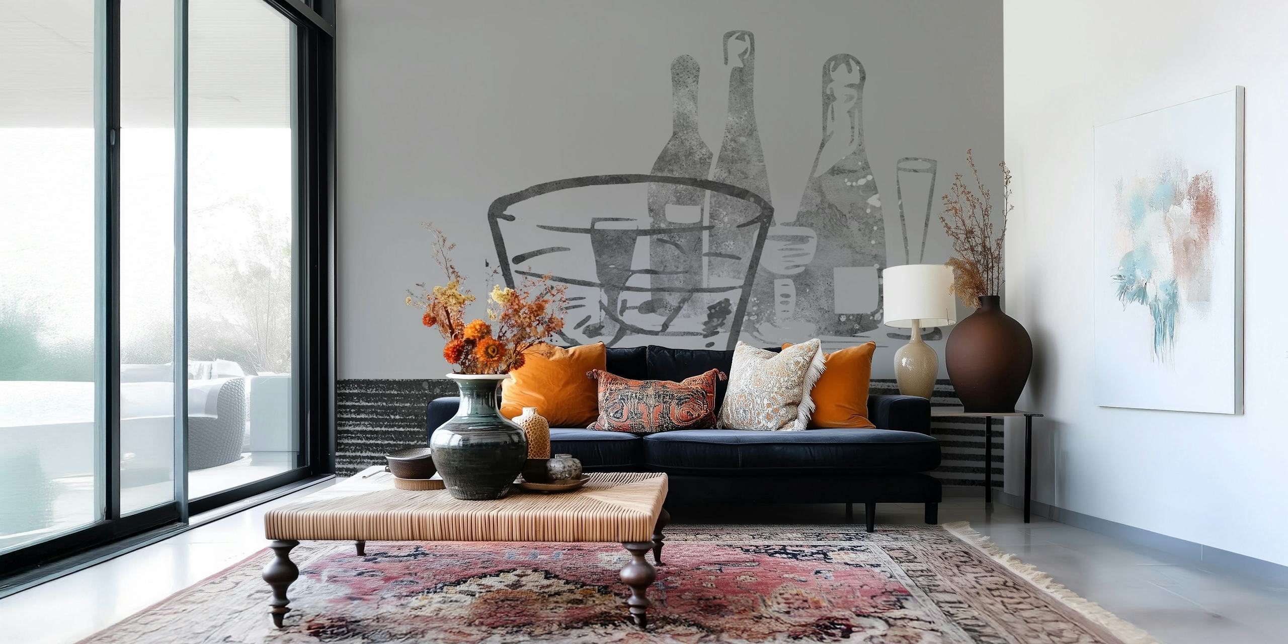 Champagne bottles and glasses in black and white wallpaper
