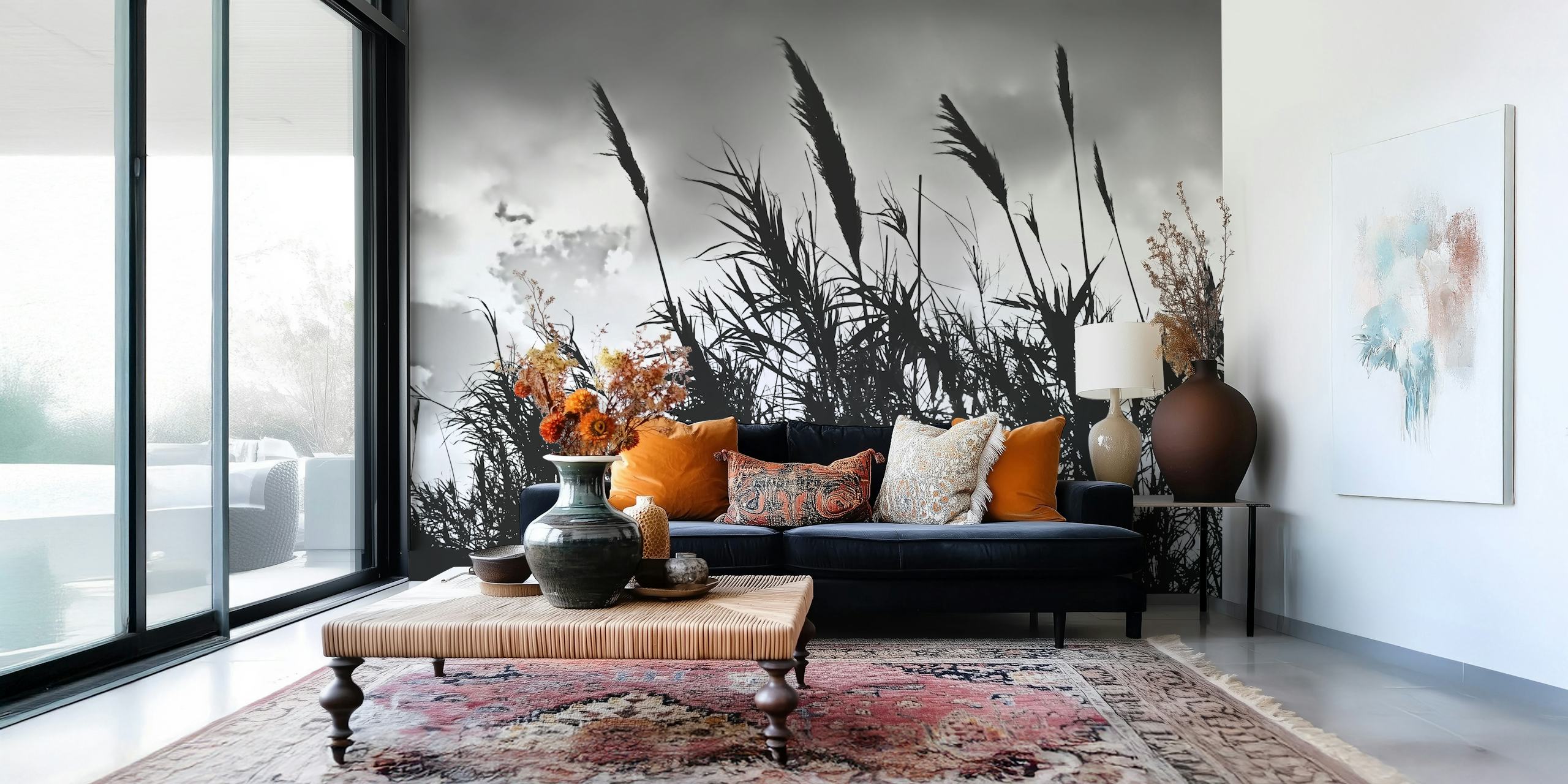 Black and white silhouette of tall wild grass against a cloudy sky wall mural