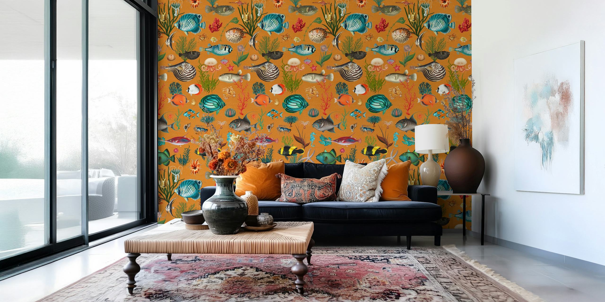 Oceania in orange wall mural with tropical fish and sea life