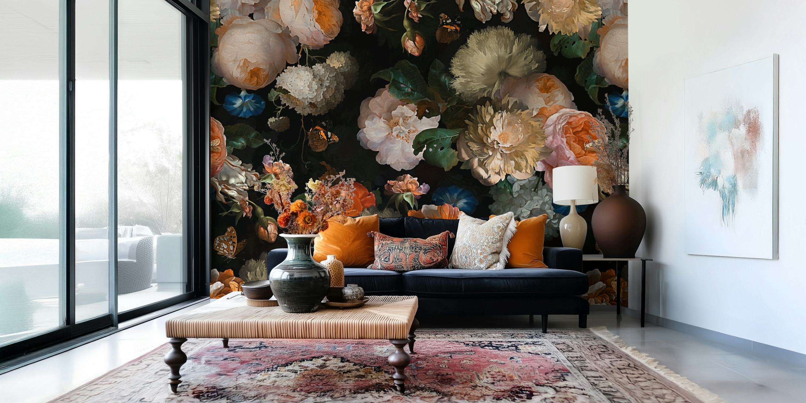 Floral design in soft orange, pink, and blue on black wallpaper