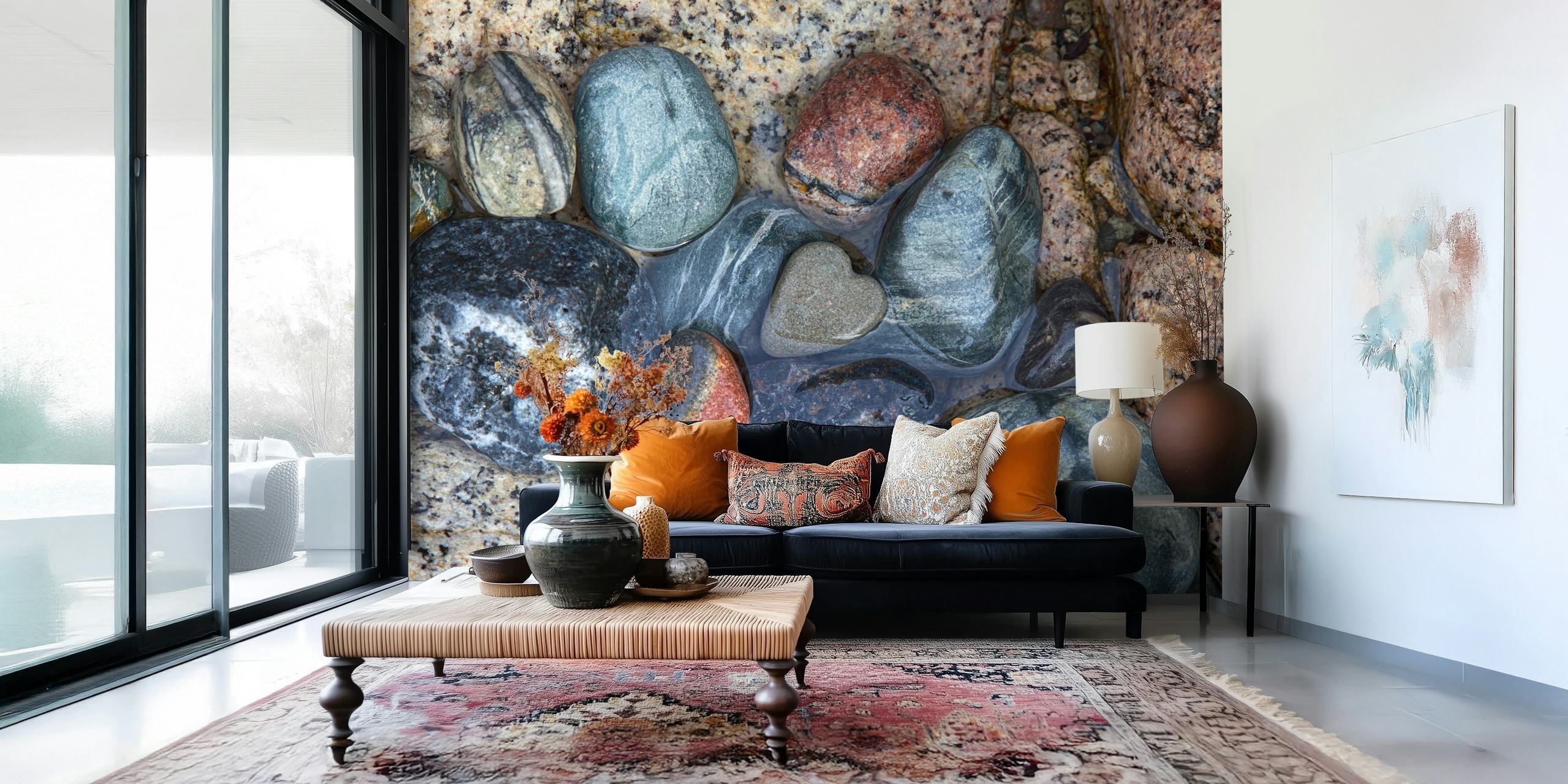 Heart-shaped stone among various gray and brown rocks wallpaper