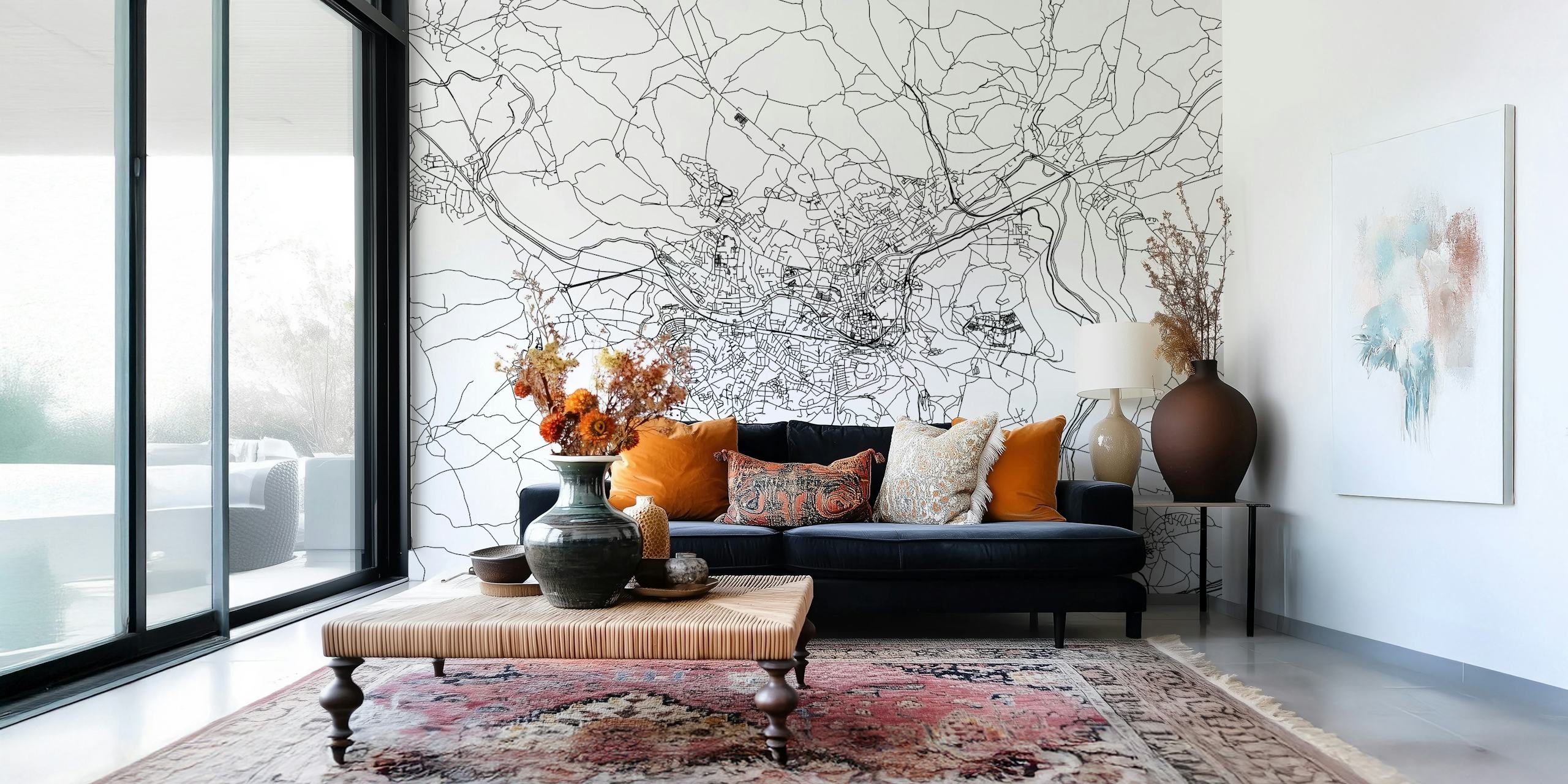 Black and white city map wallpaper illustrating urban streets and landmarks